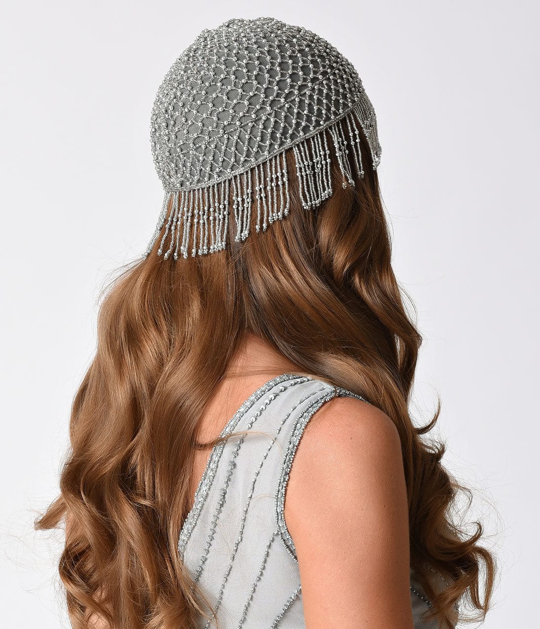 1920s Style Silver Beaded Fringe Flapper Cap