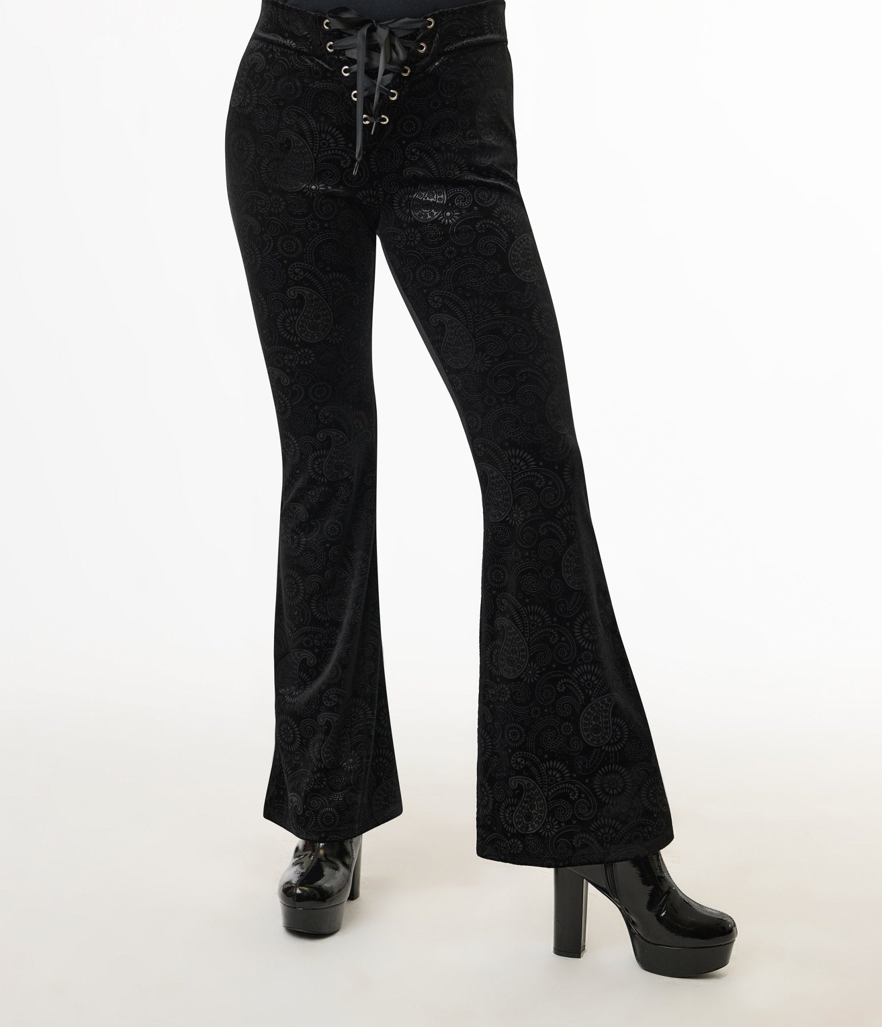 Pretty Attitude Clothing 1970s Black Burnout Velvet Lace Up Flare Pants