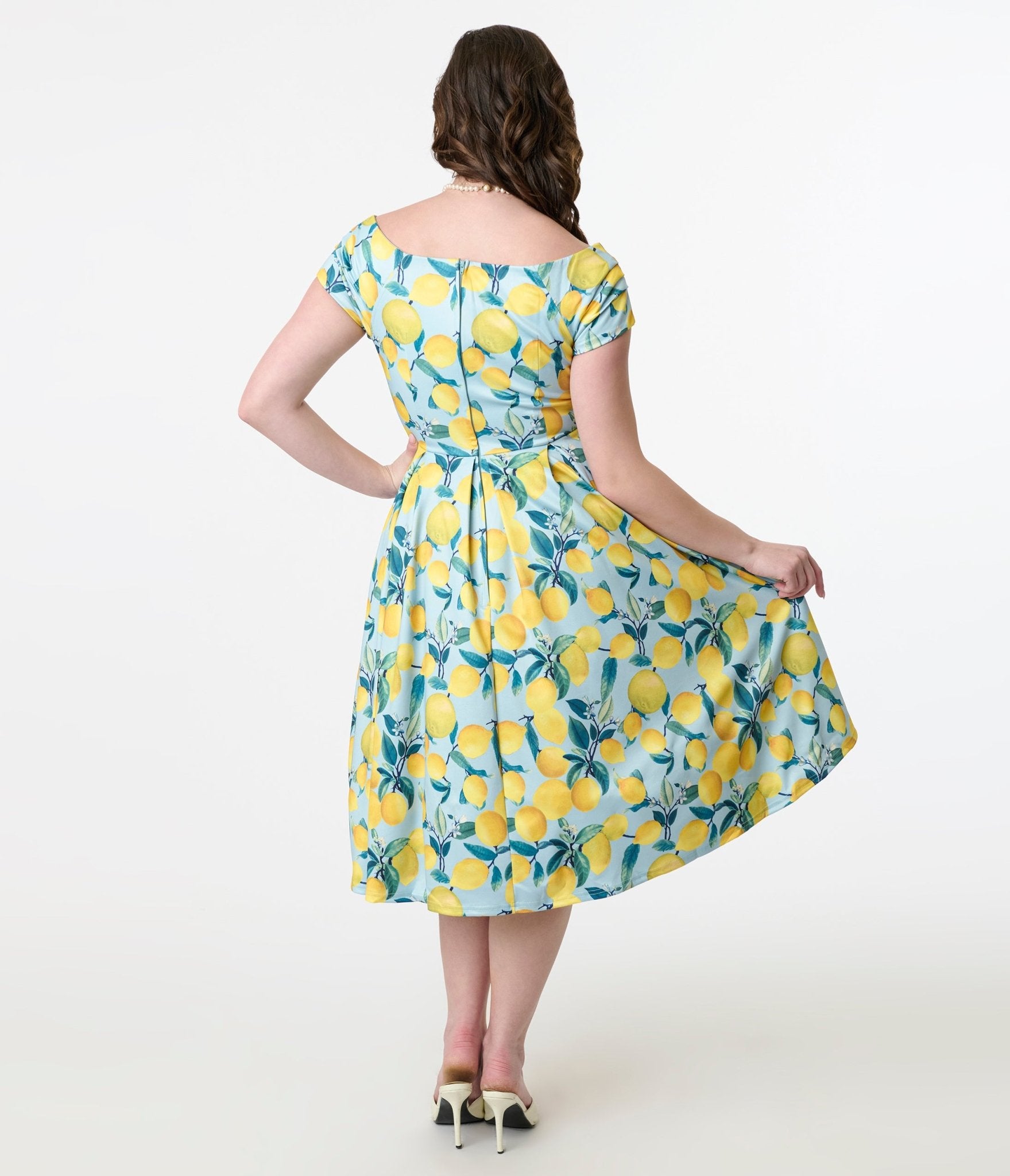 Dolly & Dotty 1950s Blue & Yellow Lemon Off The Shoulder Lily Swing Dress