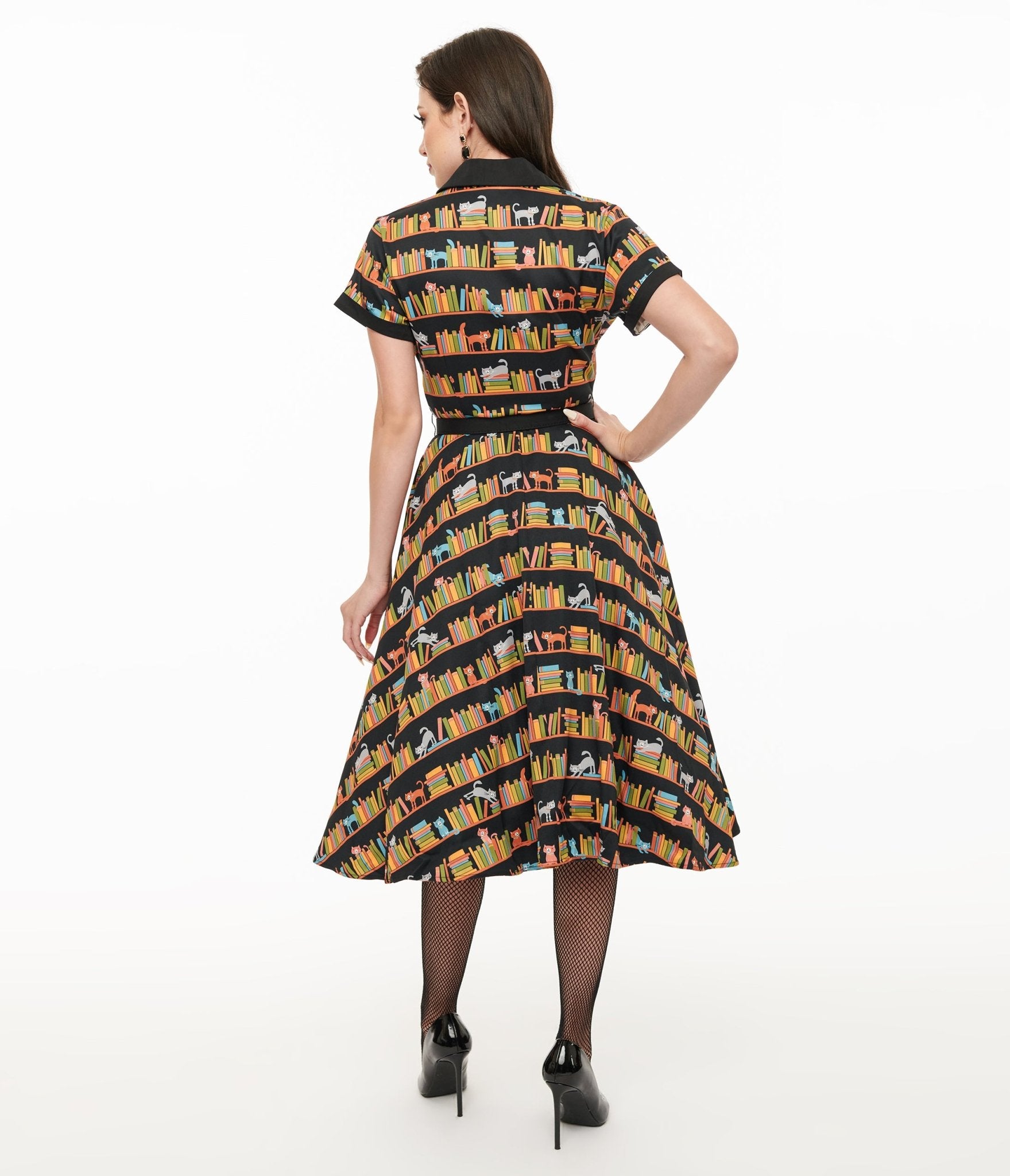 Unique Vintage 1950s Cat & Bookshelf Print Alexis Swing Dress