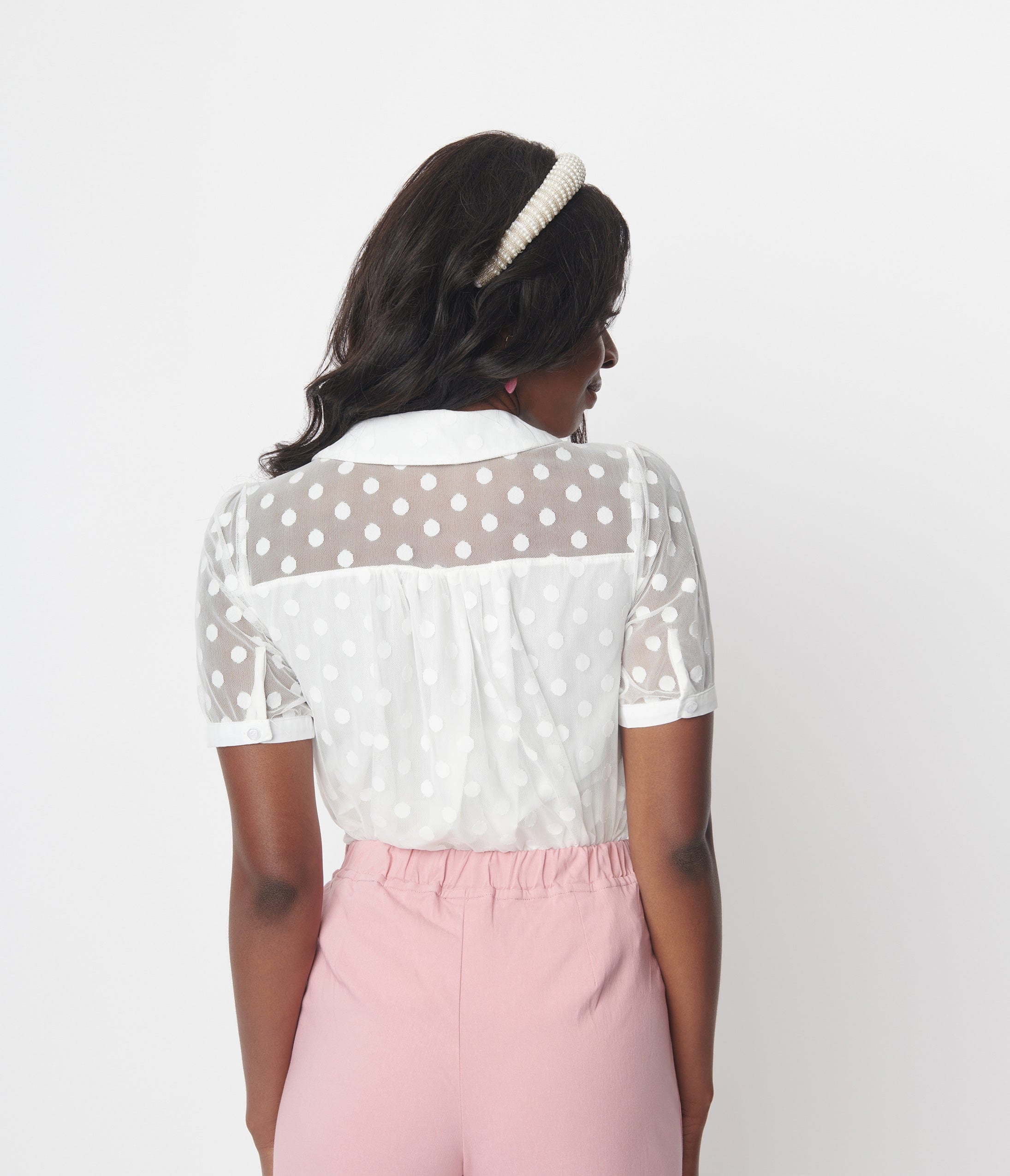 White Polka Dot Mesh Button Down Top