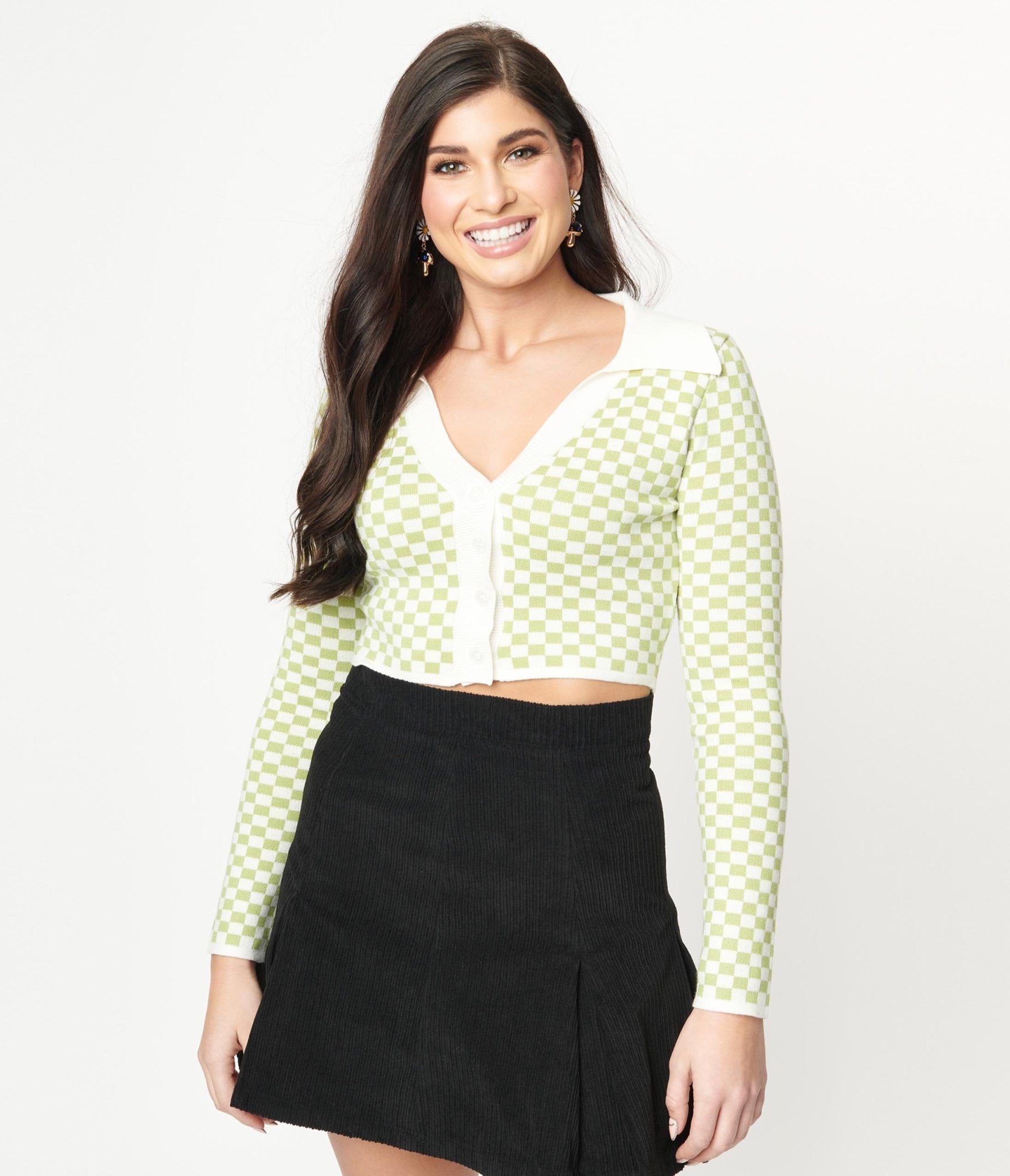 Green & Ivory Check Crop Cardigan