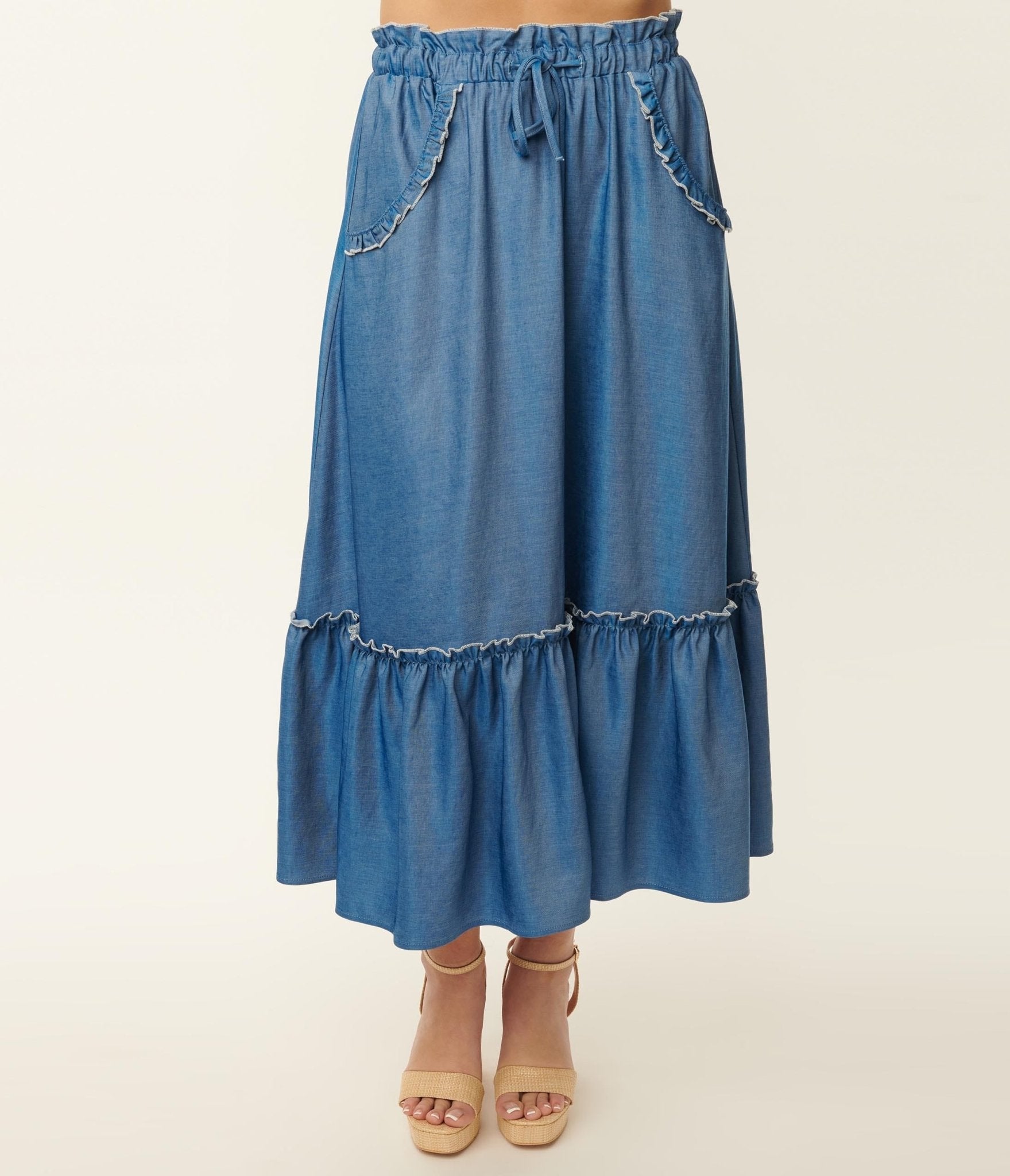 Unique Vintage 1970s Chambray Ruffle Tiered Midi Skirt