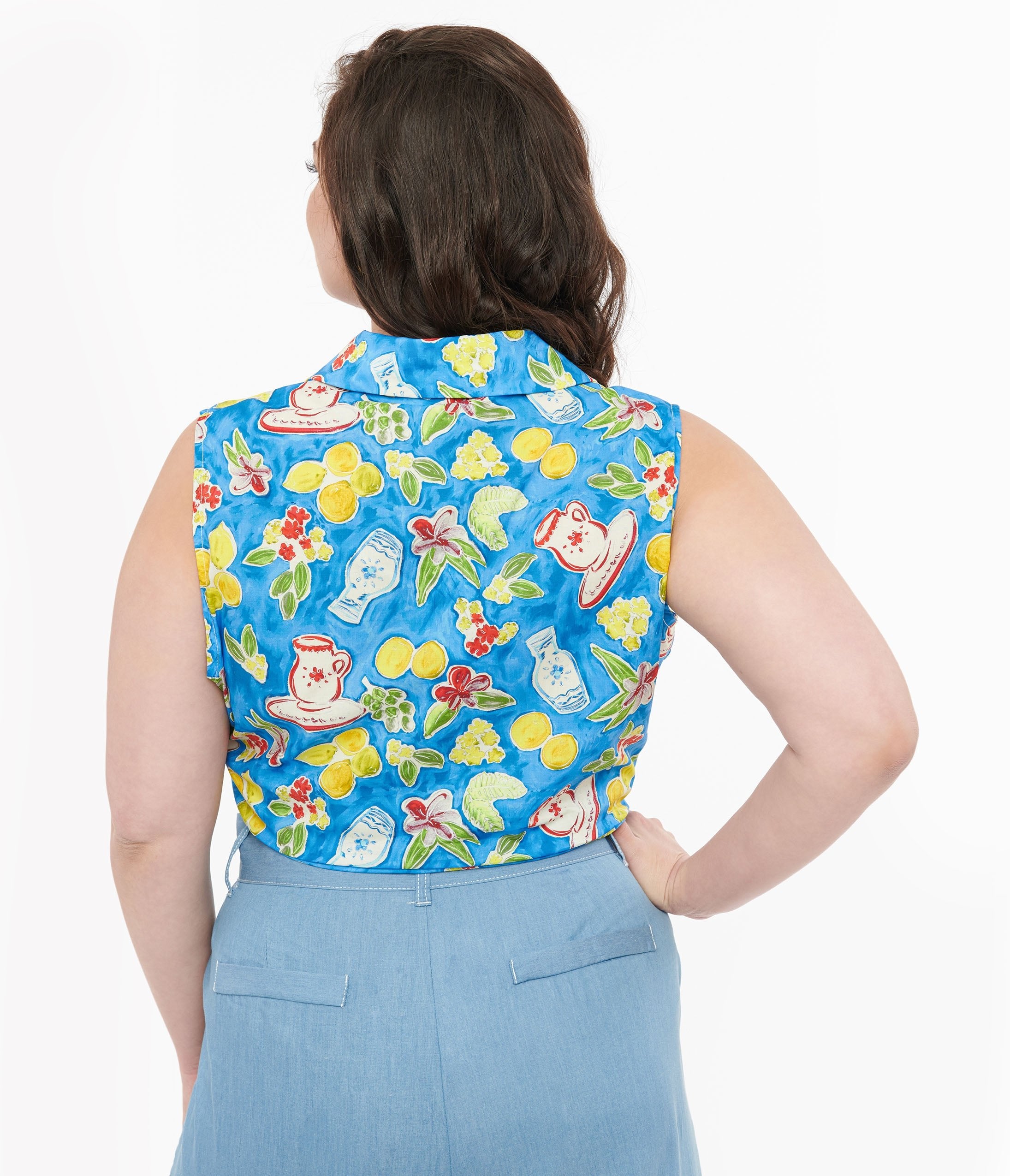 Plus Size 1950s Blue Lemon In My Tea Print Crop Top