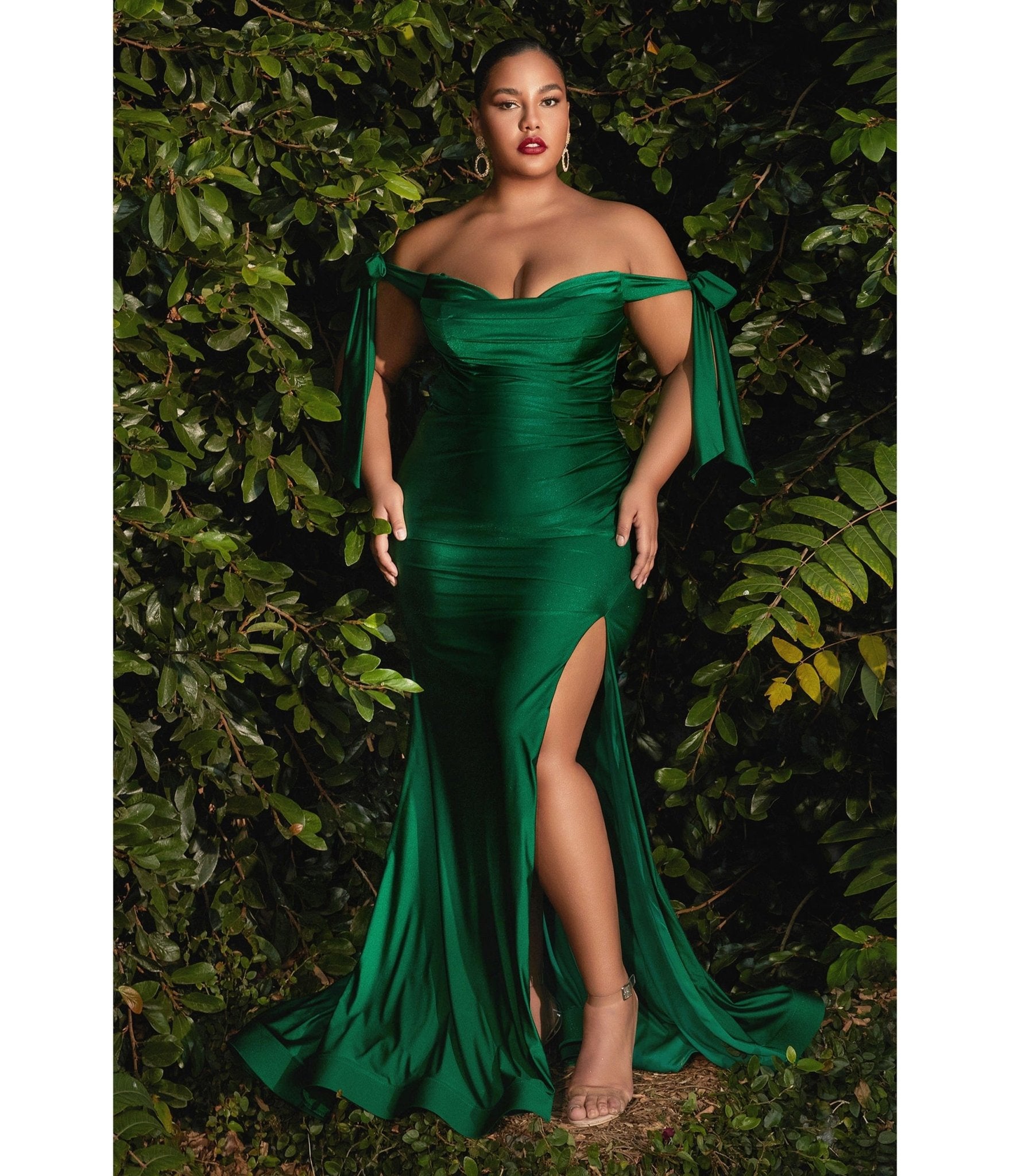 Ladivine by Cinderella Divine Plus Size Emerald Off The Shoulder Tie Bridesmaid Gown