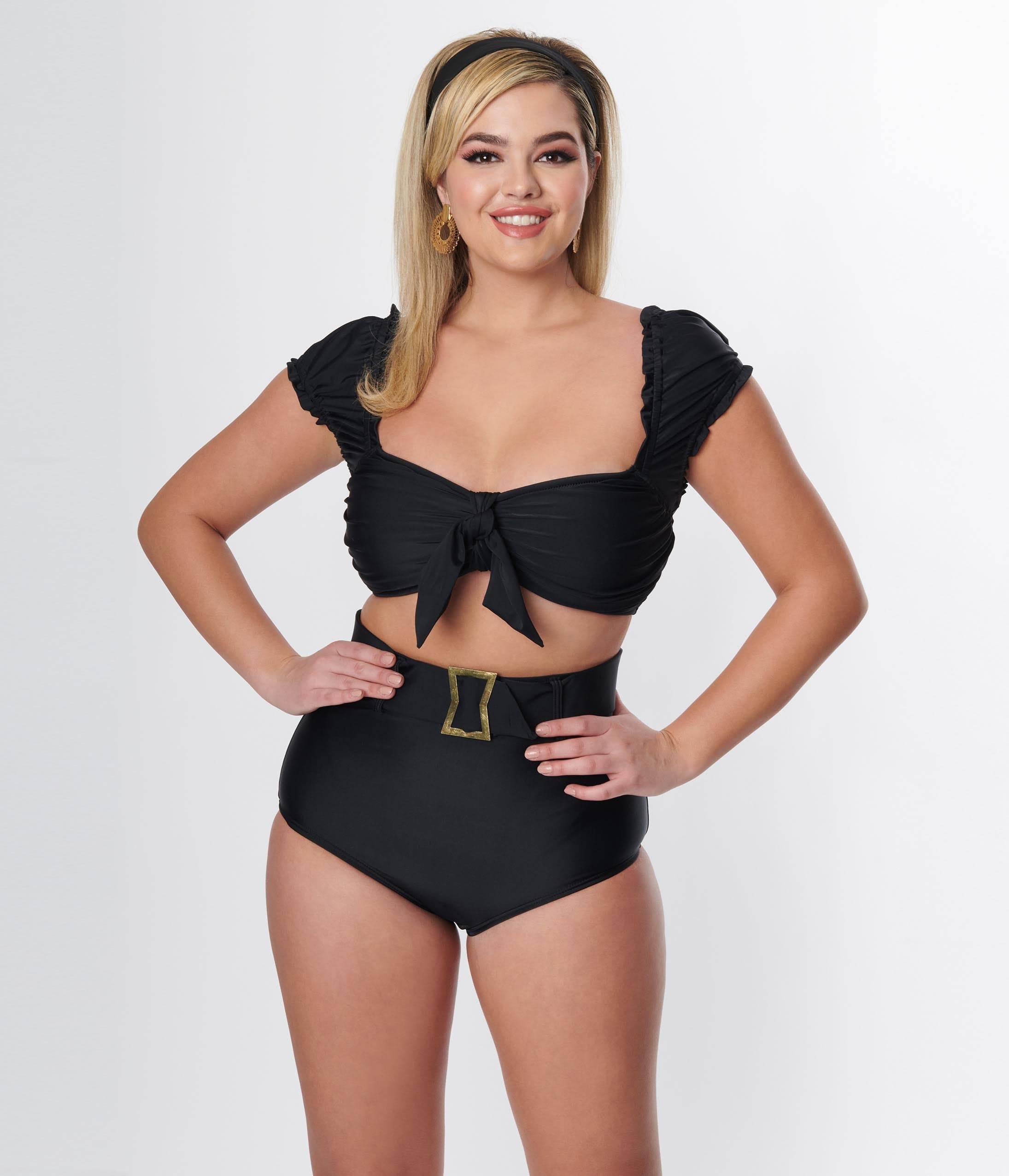 Unique Vintage Black Shirred Bow Bandeau Swim Top