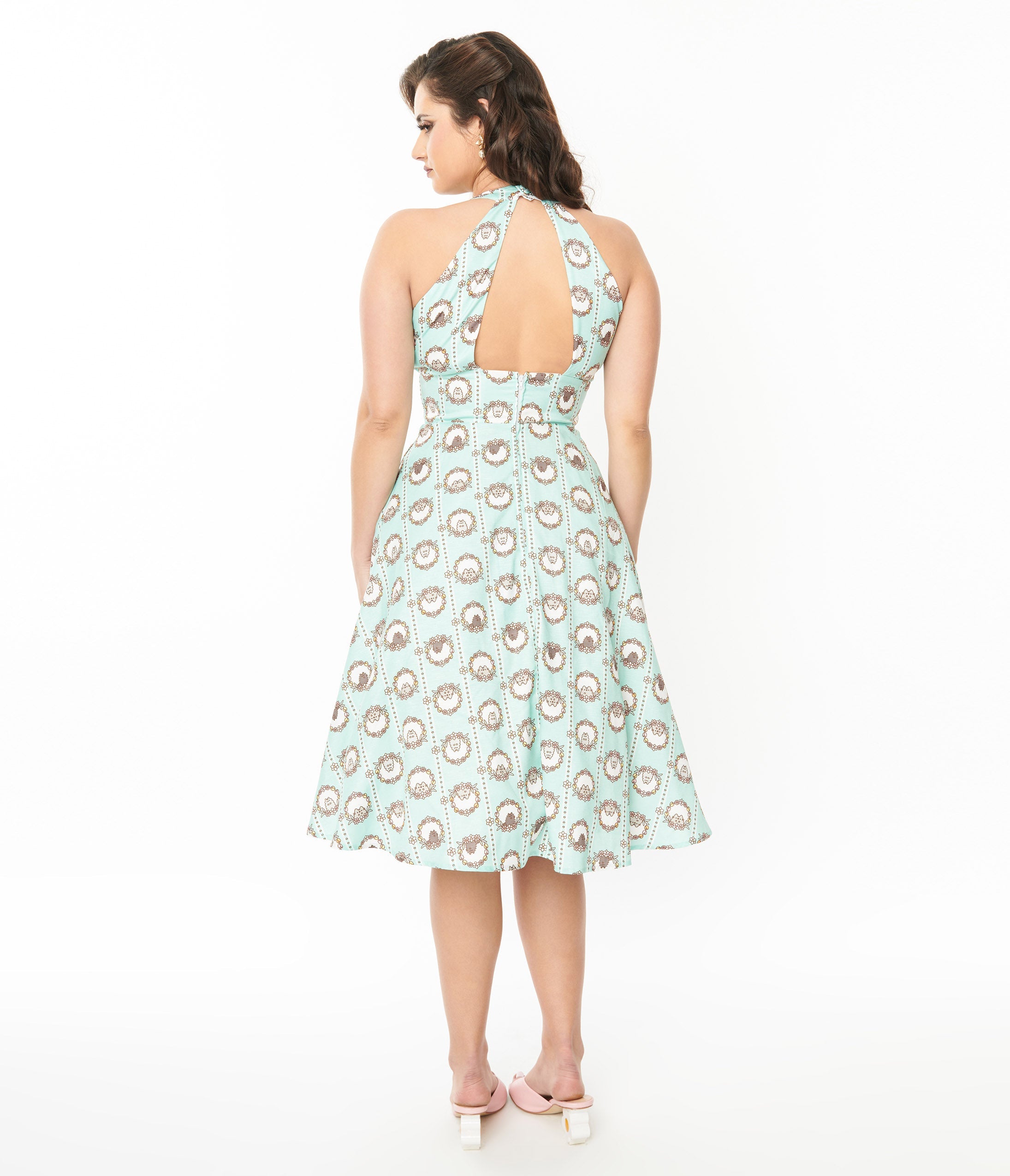 Pusheen x Unique Vintage Teal Pusheen Floral Frame Print Halter Swing Dress