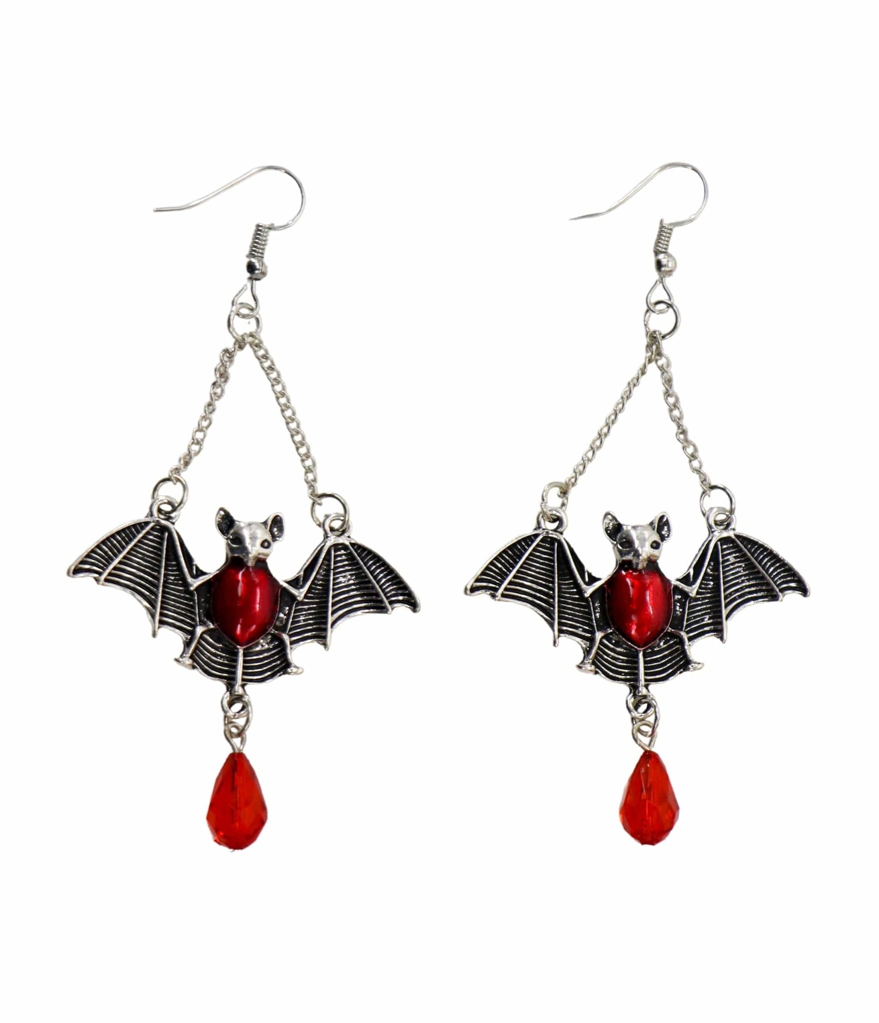 Silver & Red Gem Bat Dangle Earrings