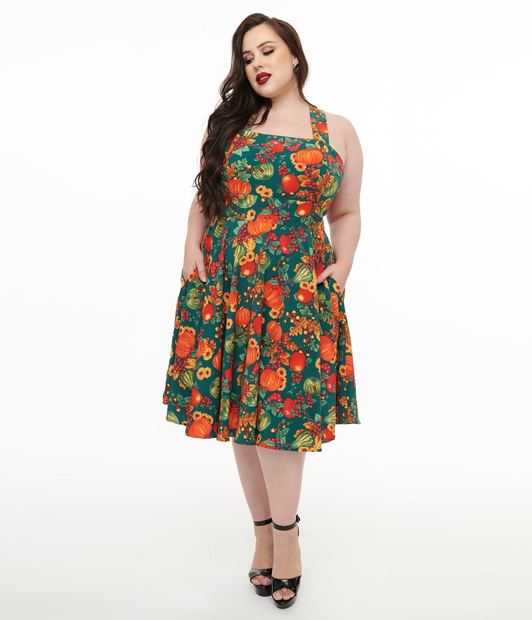 Hell Bunny Plus Size 1950s Green & Orange Leaf Pinafore Swing Dress