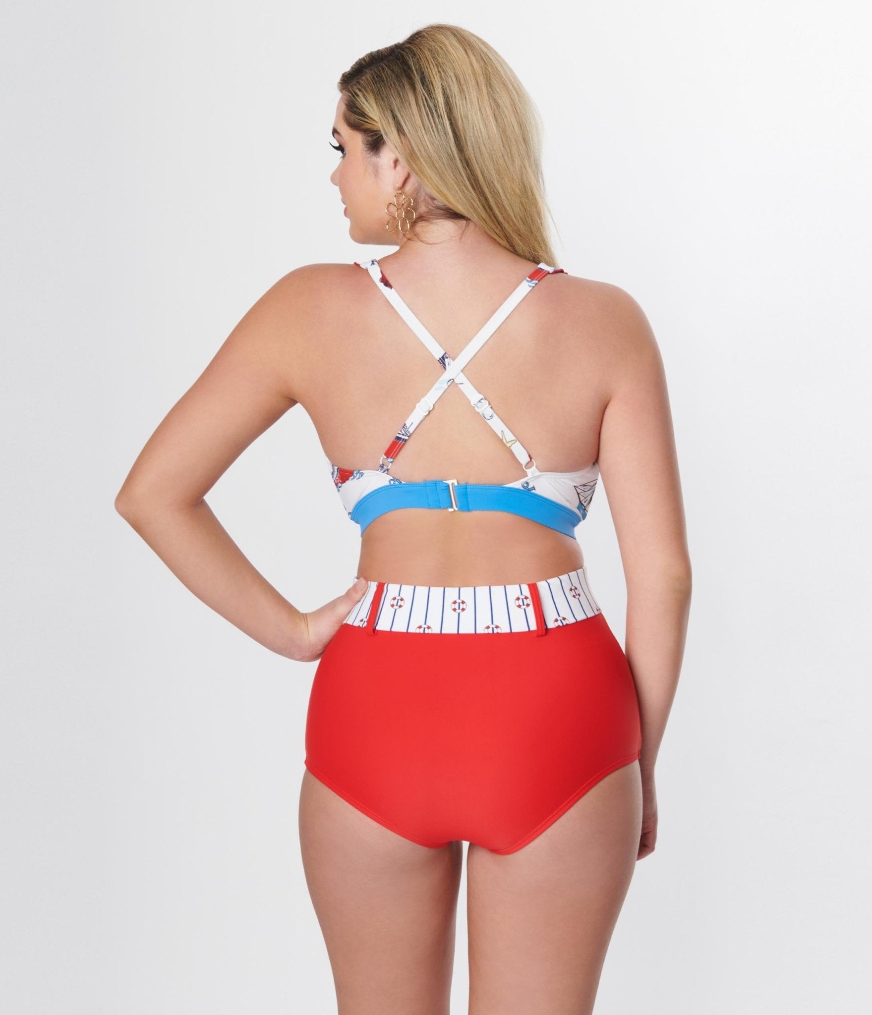 Unique Vintage Red High Waist Belted Swim Bottom