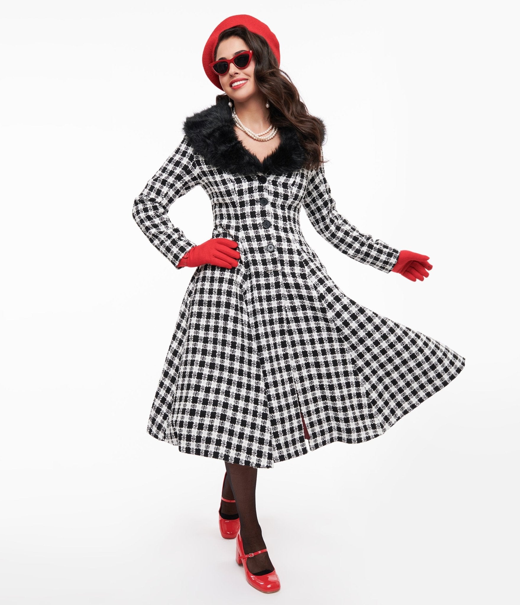 Unique Vintage 1950s Black & White Plaid & Black Fur Carrie Swing Coat