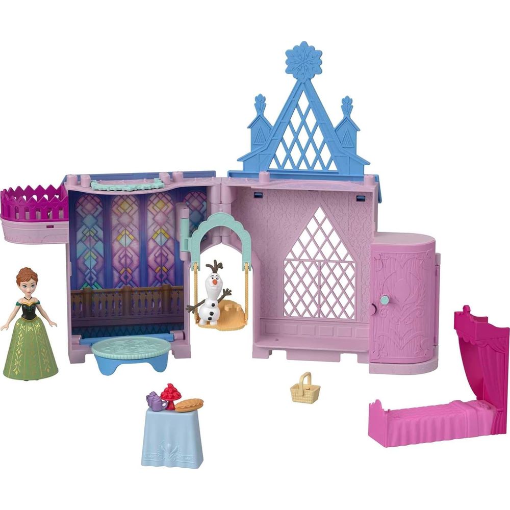 Mattel HLX02 Disney Frozen Anna Doll House Stackable Castle with Small Doll, Olaf Figure & 7 Furniture & Accessories, Portable