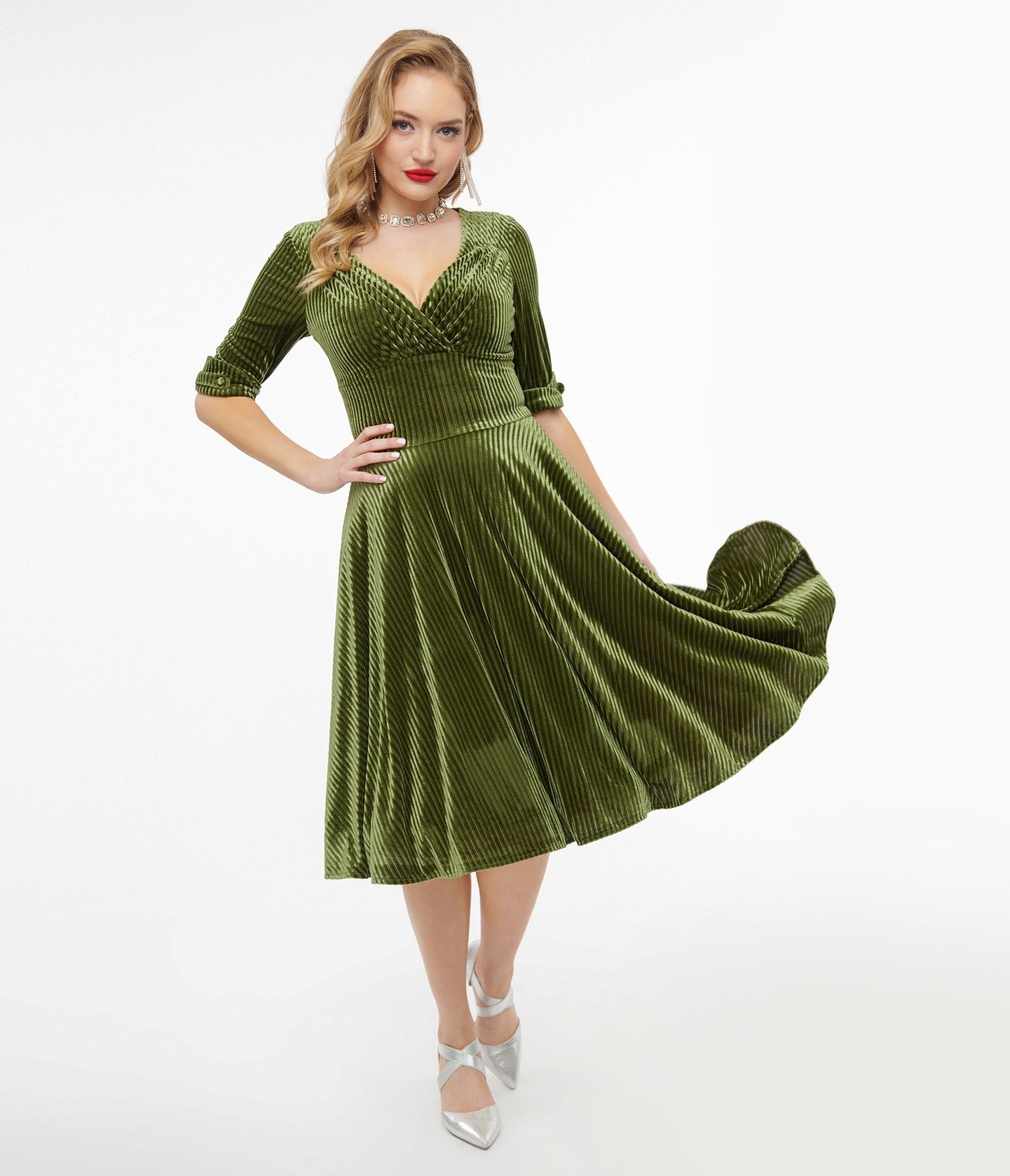 Unique Vintage 1950s Moss Green Velvet Delores Swing Dress