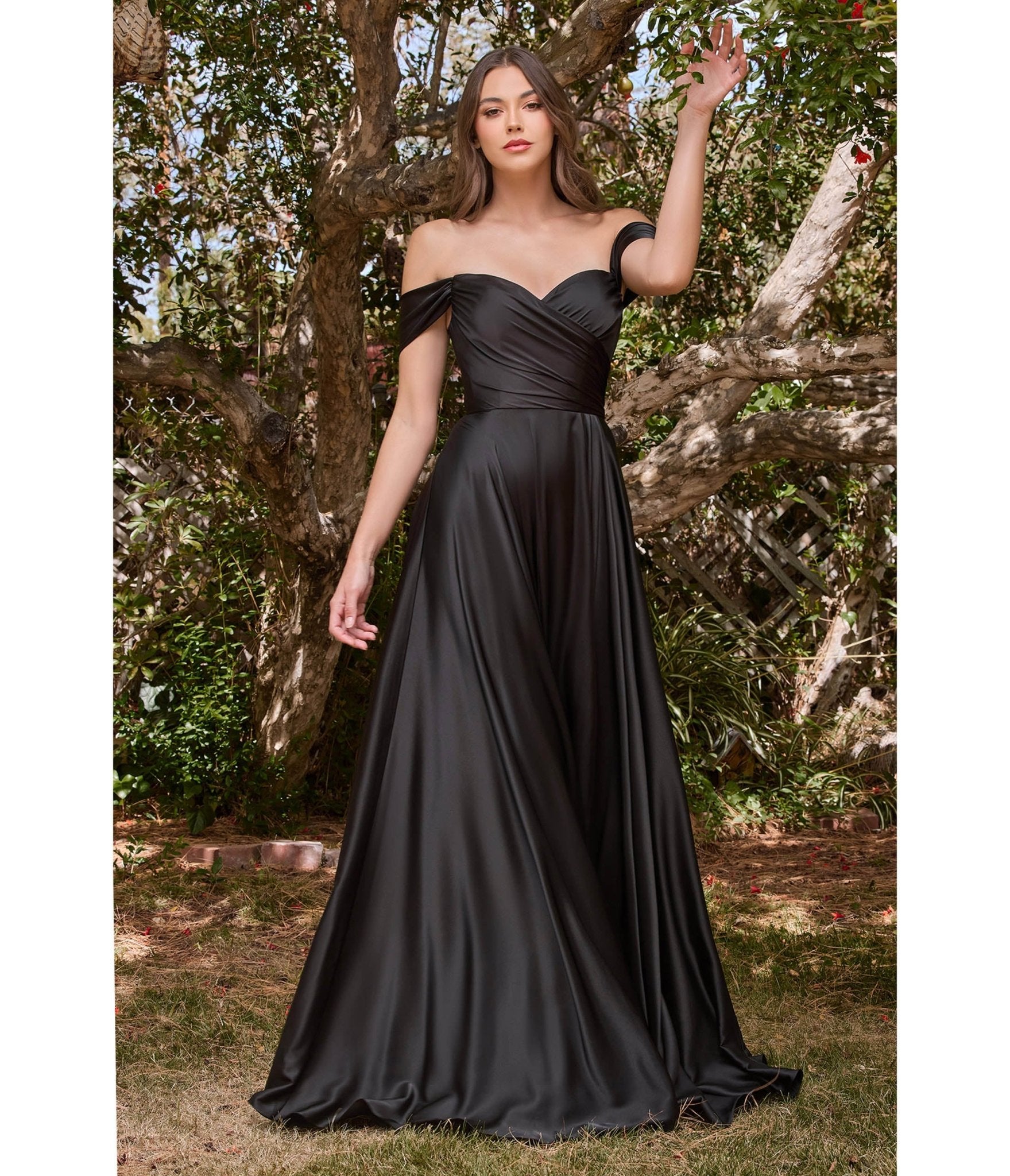 Ladivine by Cinderella Divine Black Satin Off The Shoulder Bridesmaid Gown