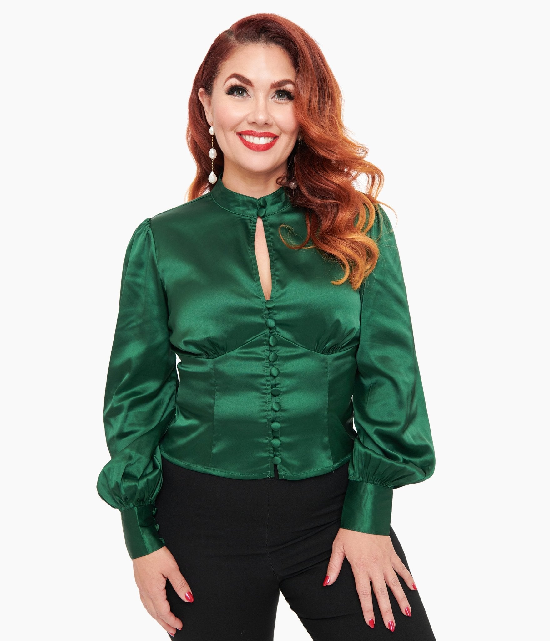 Unique Vintage 1970s Emerald Satin Keyhole Button Waist Blouse