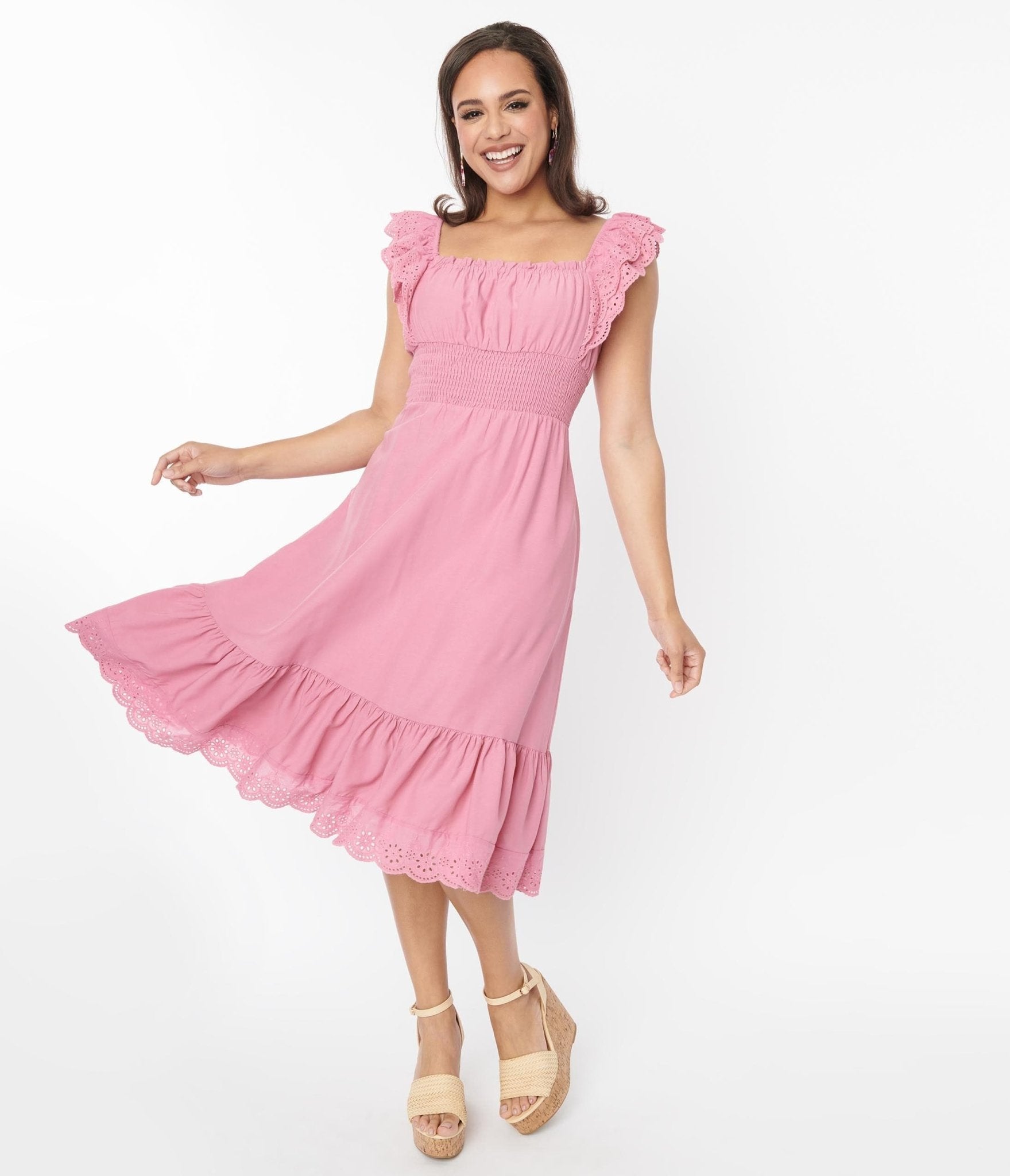 Dusty Rose Eyelet Ruffle Trim Midi Dress