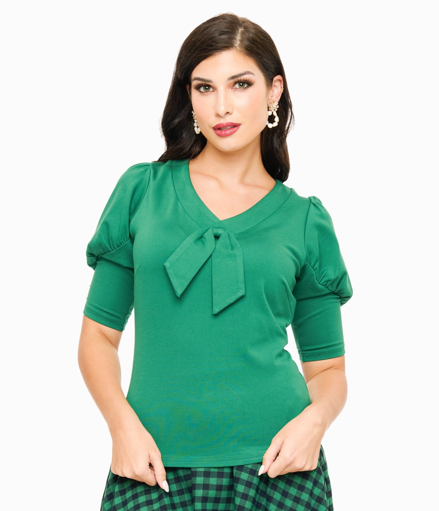 Voodoo Vixen 1950s Green Front Tie Jersery Knit Top