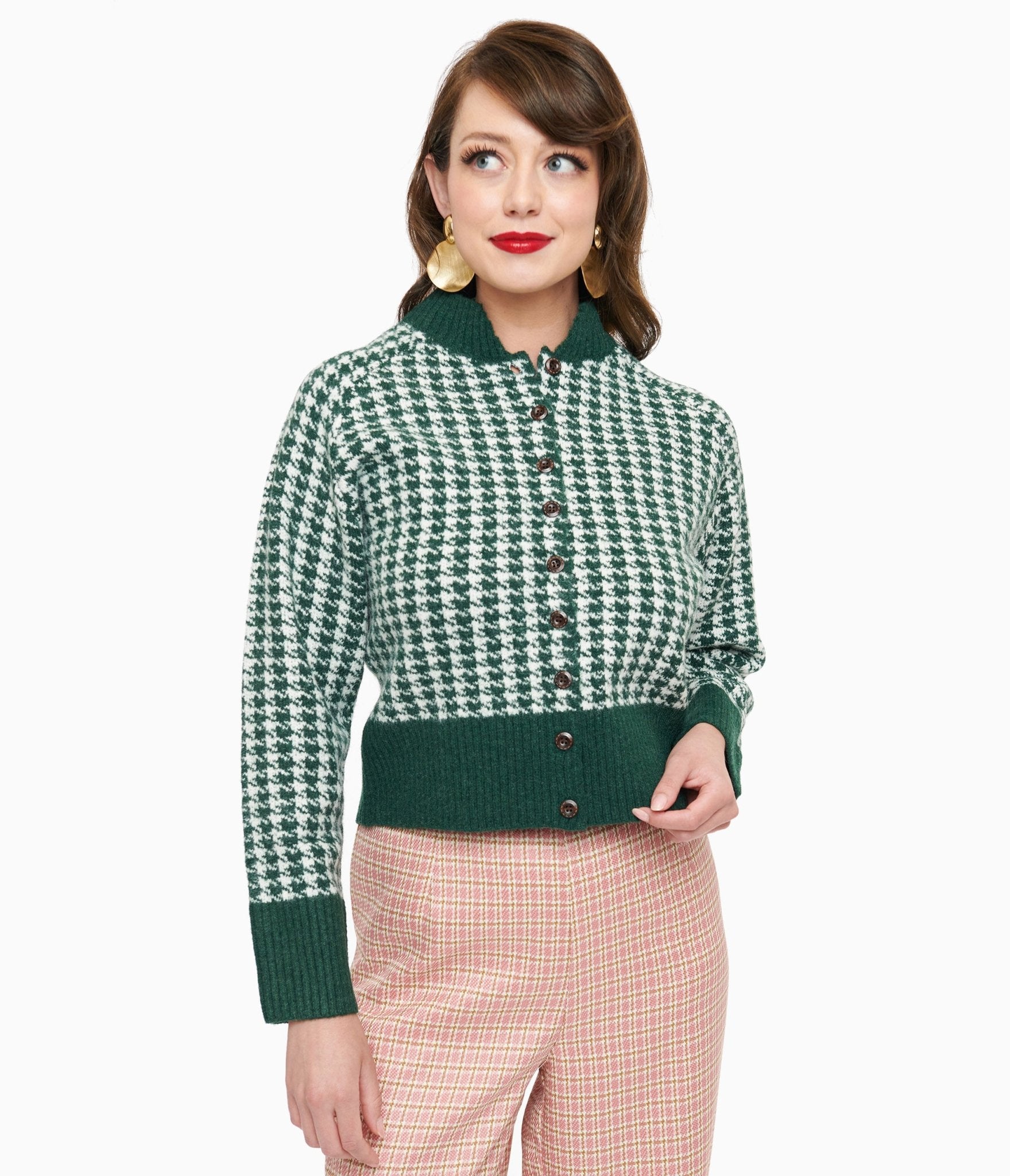 1950s Green & White Houndstooth Hattie Cardigan