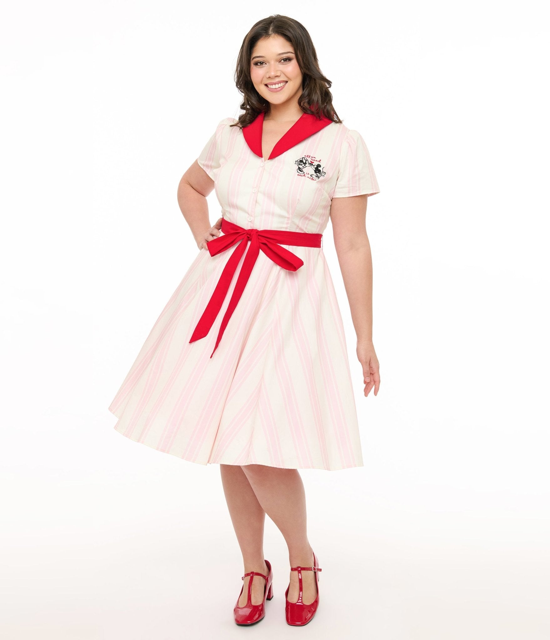 Disney Valentine Collection by Unique Vintage Plus Size Red & Pink Striped Cotton Shirt Dress