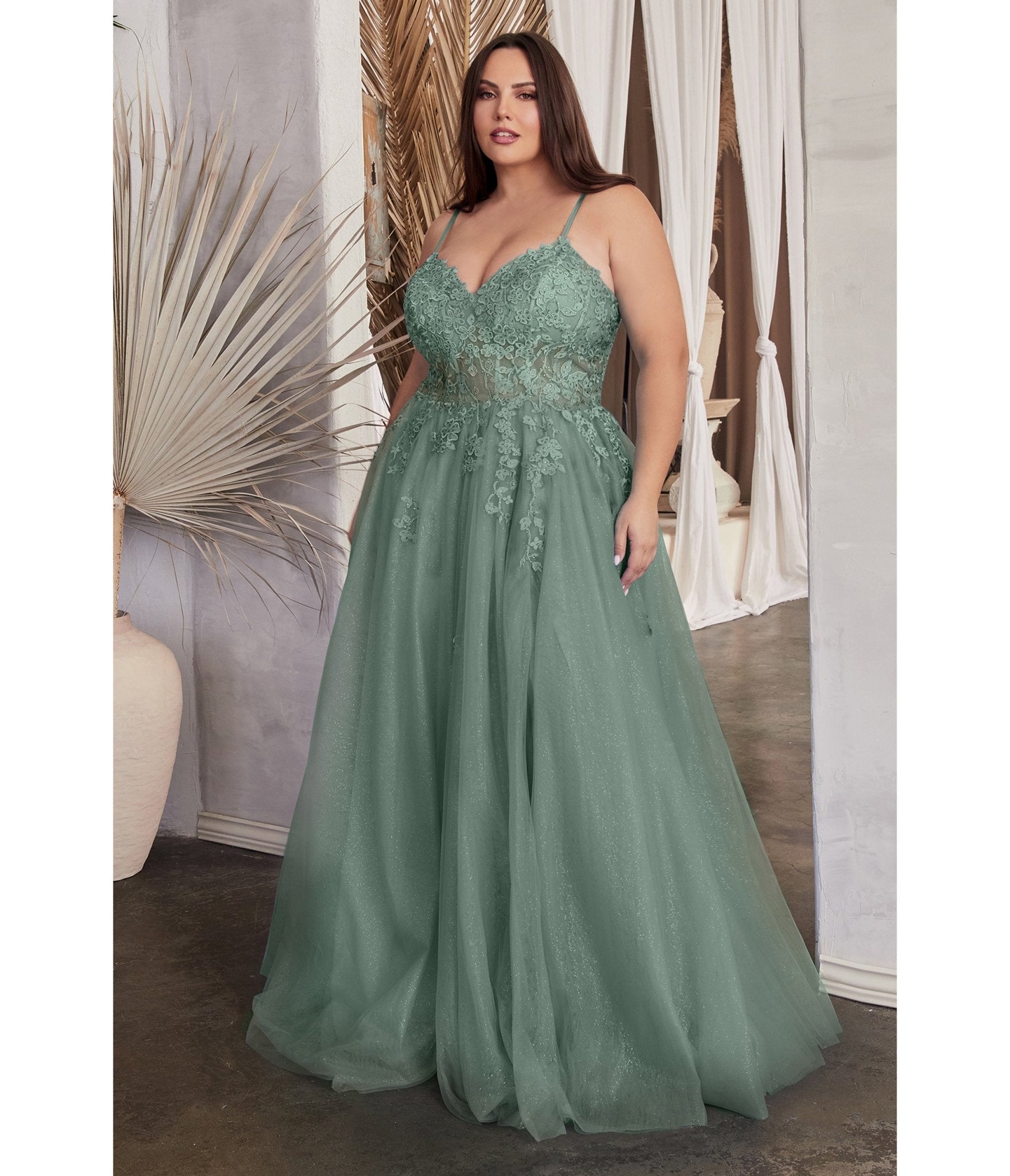 Ladivine by Cinderella Divine Plus Size Dusty Teal A Line Lace & Tulle Bridesmaid Gown