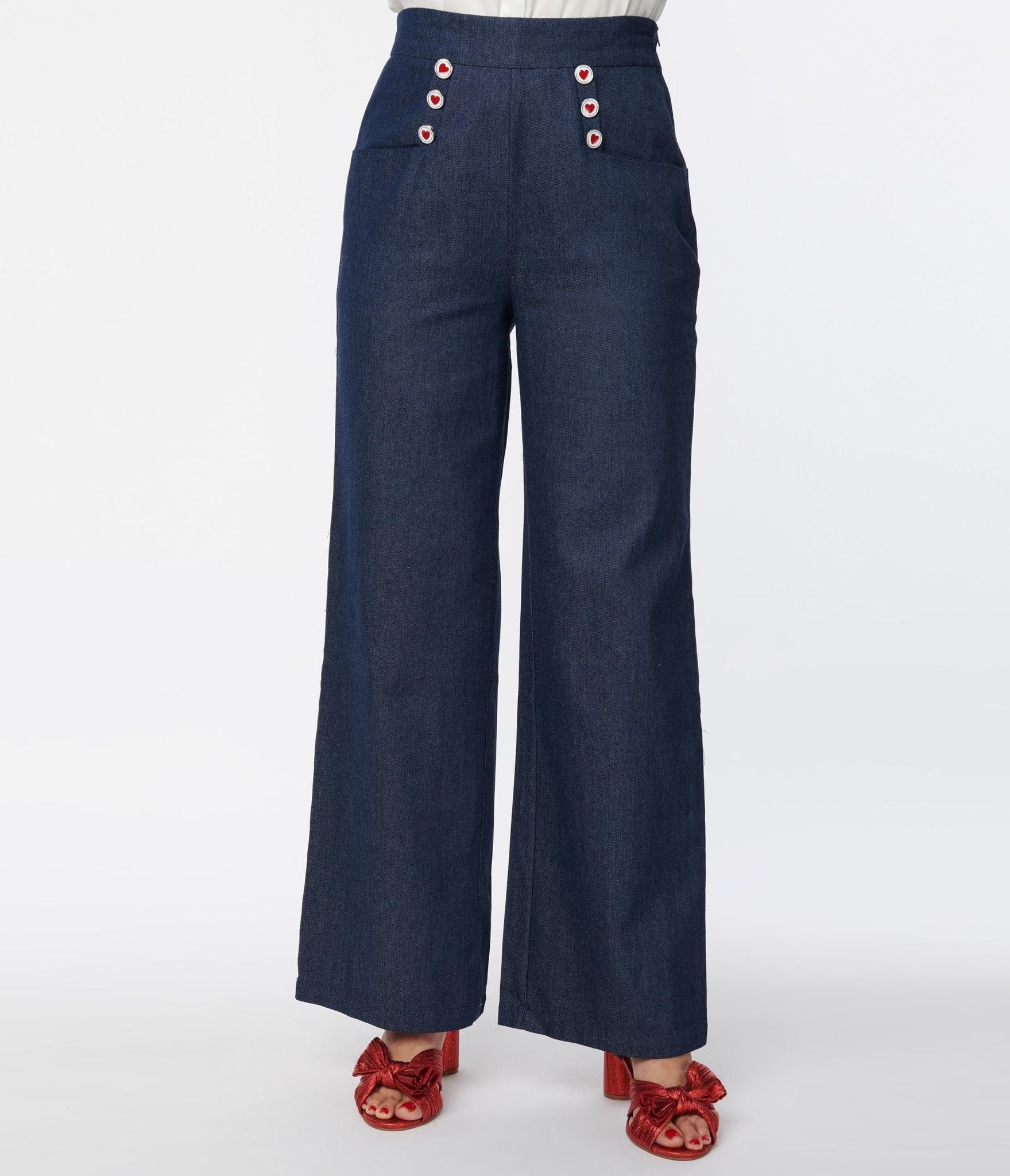 Unique Vintage 1940s Heart Buttoned Denim High Waist Ginger Jeans