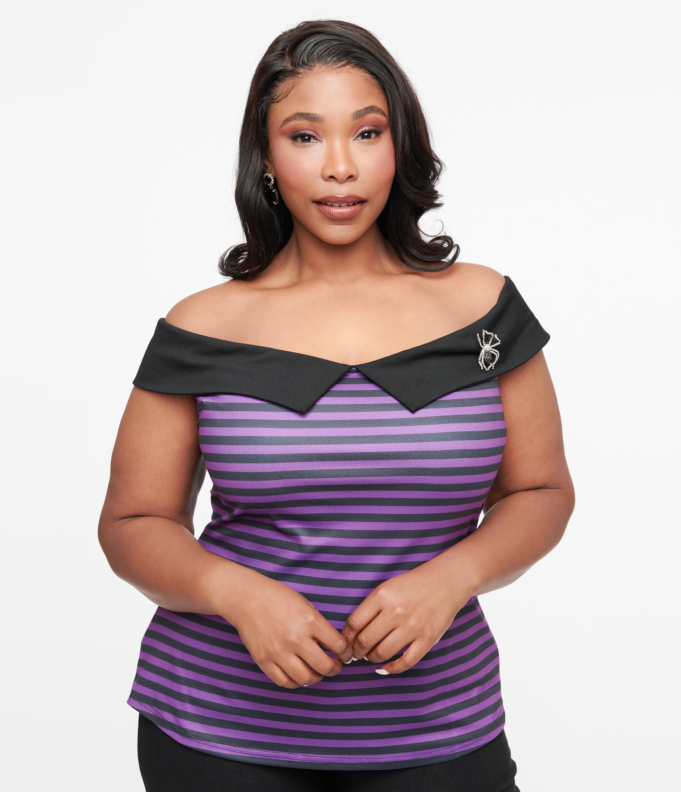 Unique Vintage Plus Size 1950s Black & Purple Stripe Maraschino Top