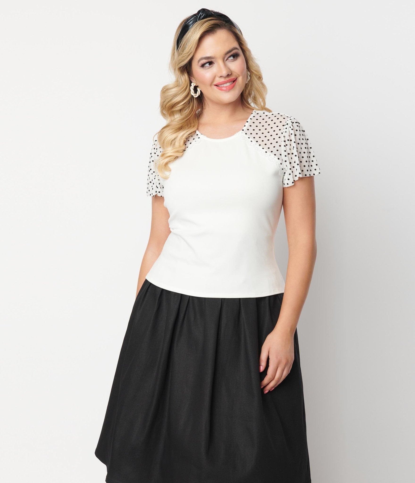 Unique Vintage White & Black Pin Dot Mesh Sleeve Top