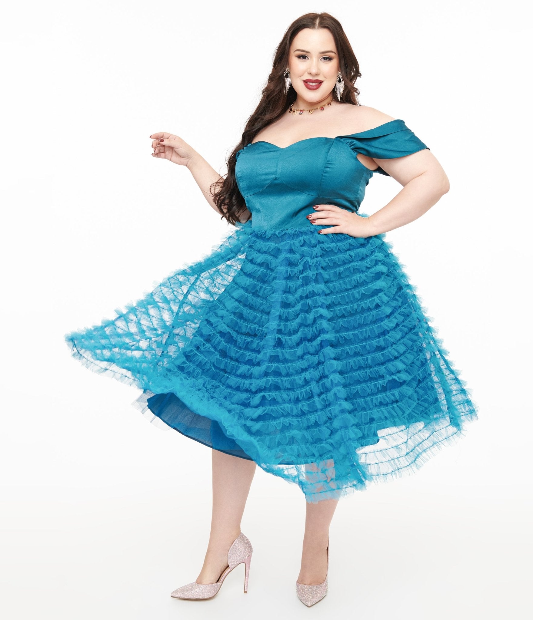 Unique Vintage Plus Size 1950s Teal Mesh Tulle Off The Shoulder Swing Dress