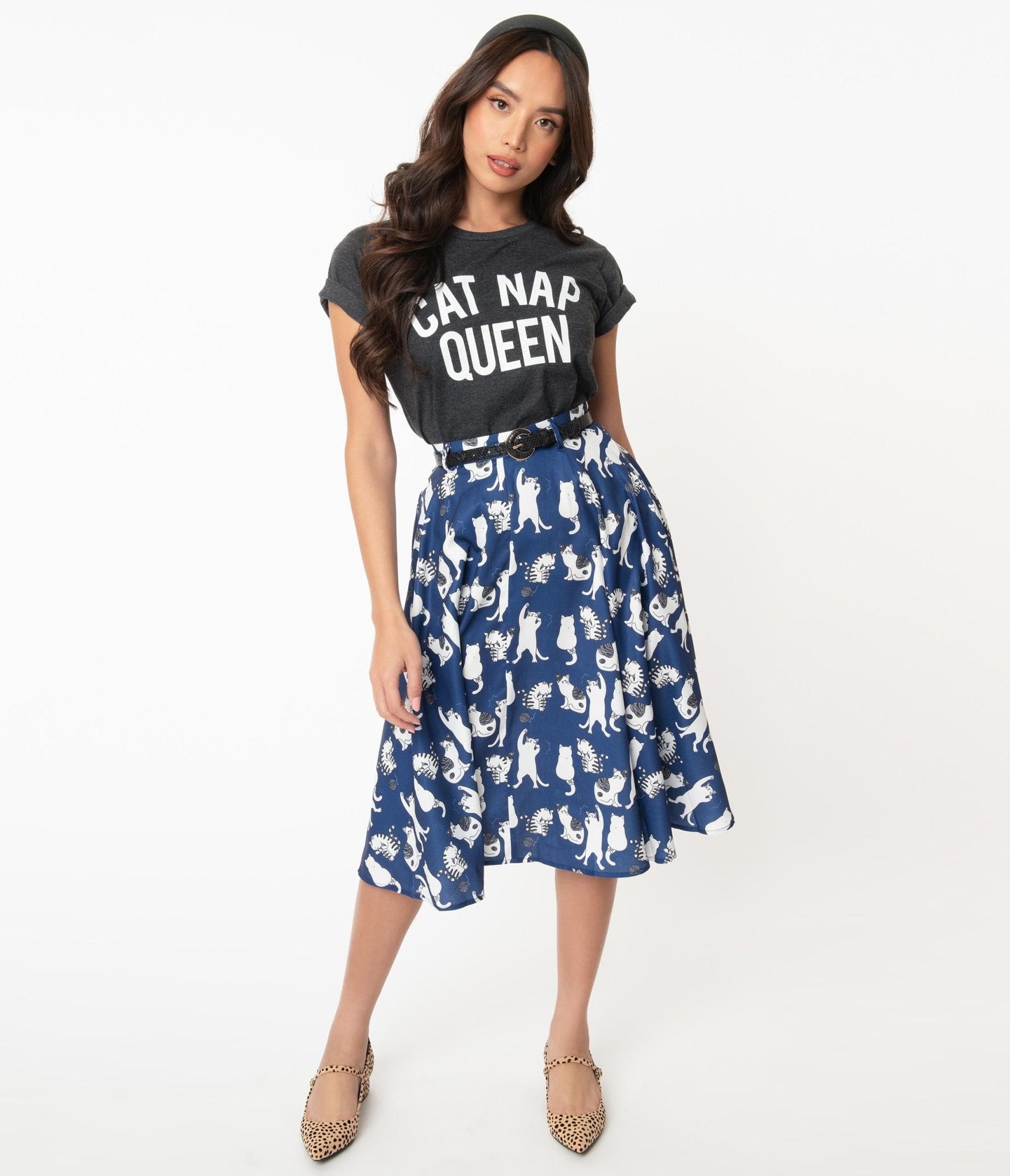 Vintage Style Navy & White Cat Print Swing Skirt