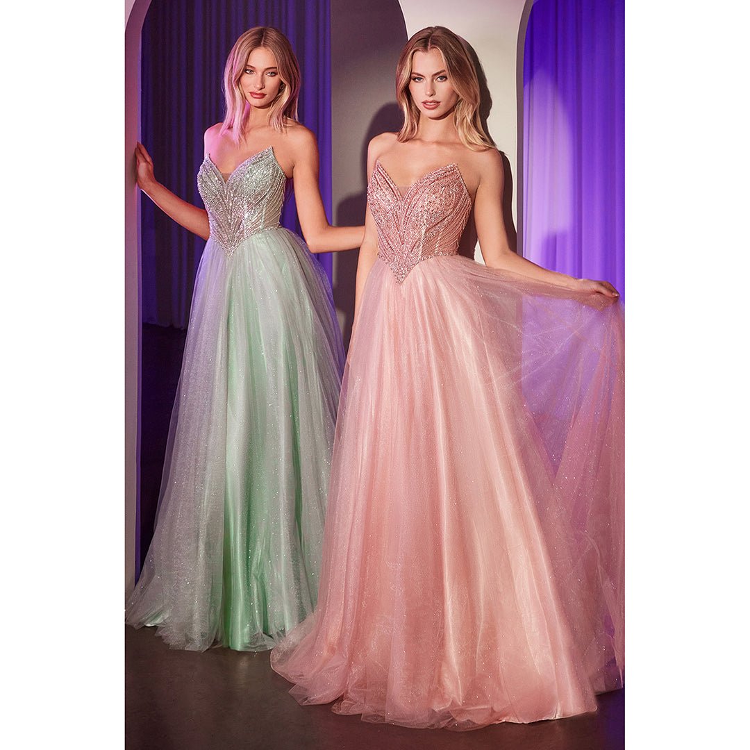 Ladivine by Cinderella Divine Sage Beaded Strapless Tulle Prom Dress