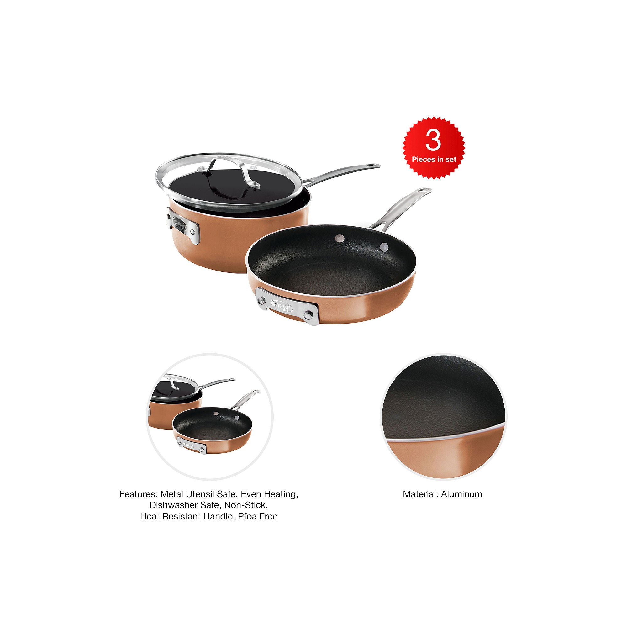 Gotham Steel Stackmaster 3-Pc. Aluminum Dishwasher Safe Non-Stick Cookware Set - COPPER ONE SIZE