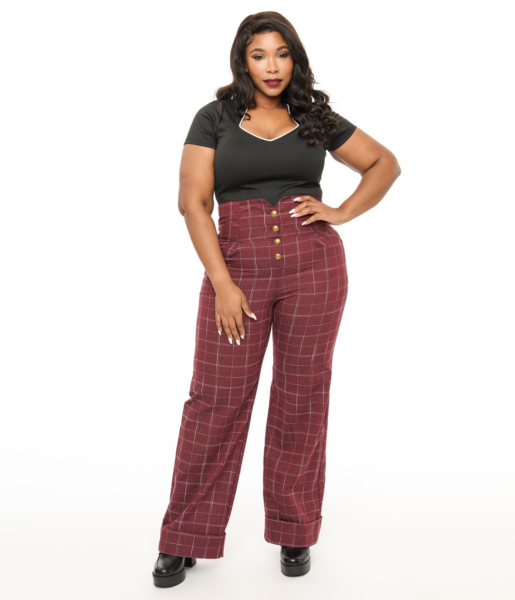 Unique Vintage Plus Size 1940s Burgundy Windowpane Buttoned Wide Leg Trousers