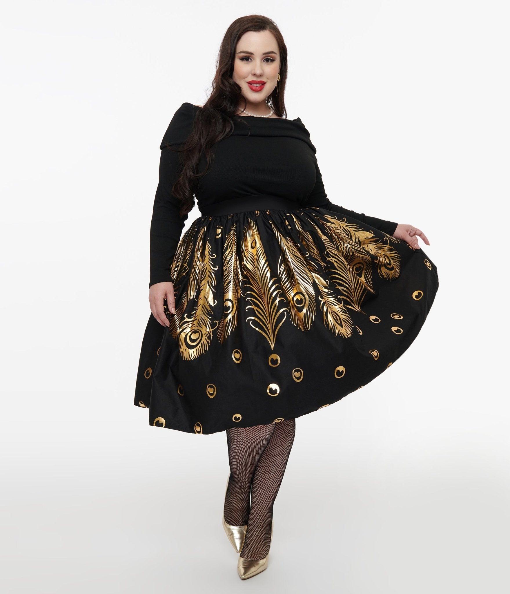 Unique Vintage Plus Size 1950s Black & Gold Foil Feather Gellar Swing Skirt