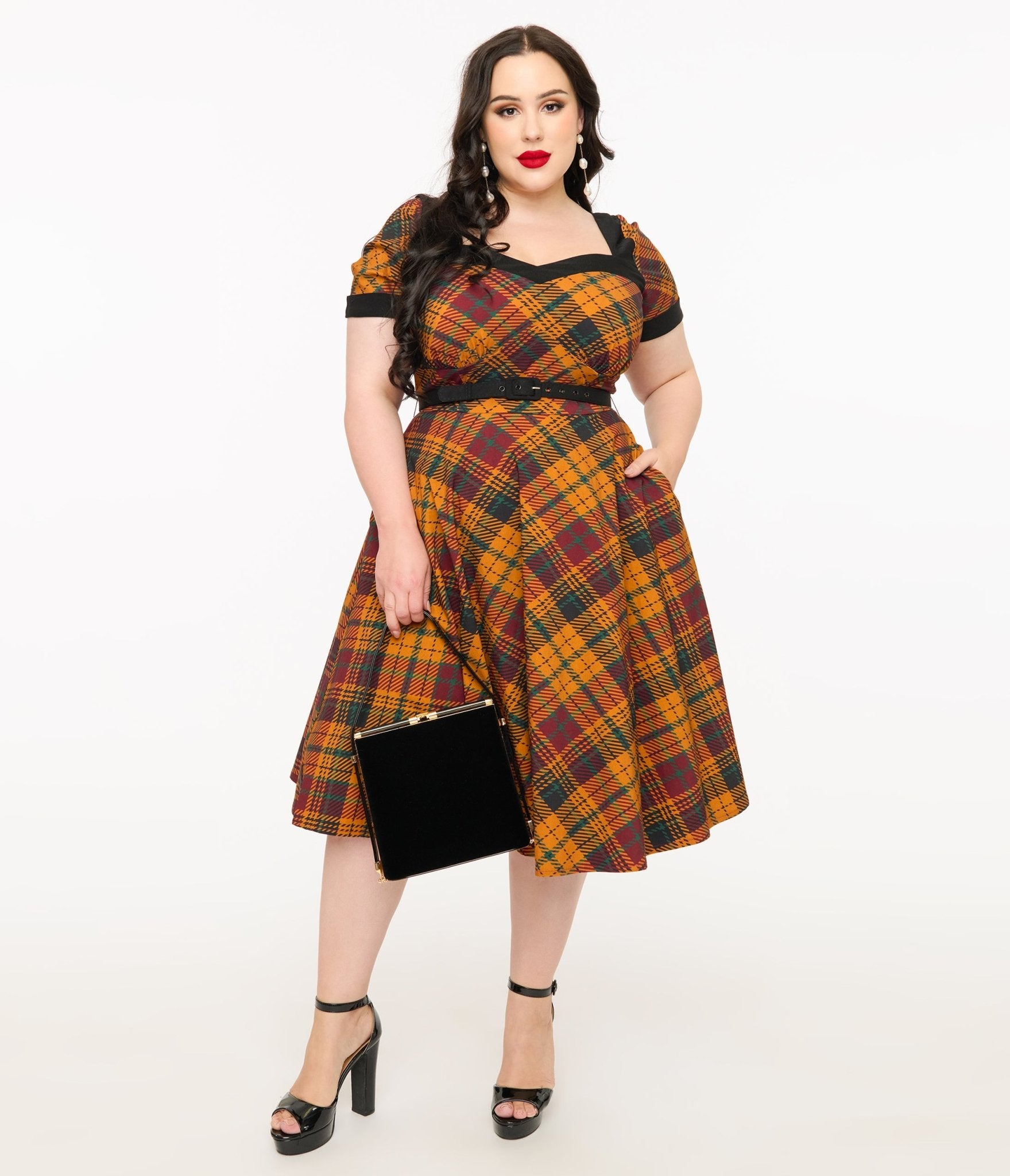 Unique Vintage Plus Size 1950s Mustard Yellow & Burgundy Plaid Swing Dress