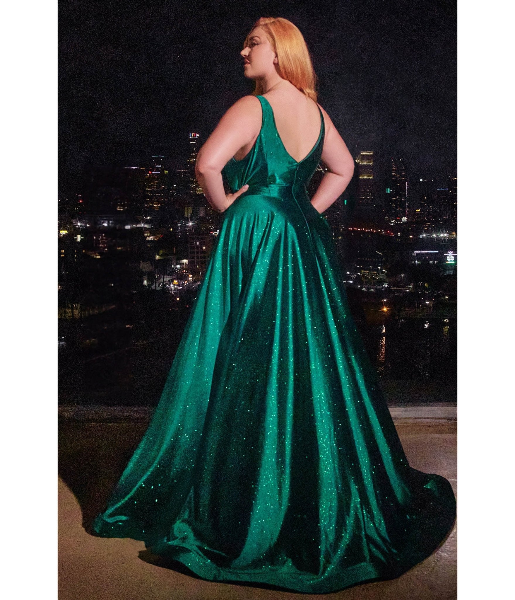 Ladivine by Cinderella Divine Plus Size Emerald Satin Prom Dress