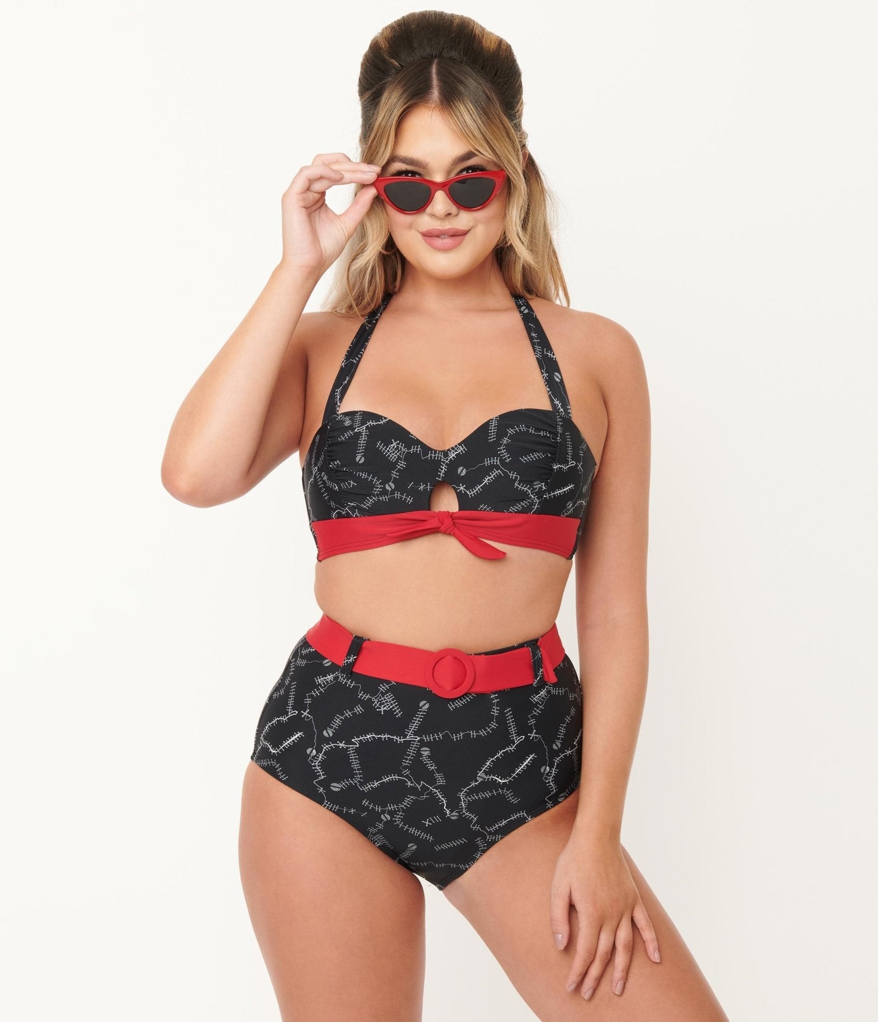 Unique Vintage Black Spooky Stitches Mrs. West Swim Top