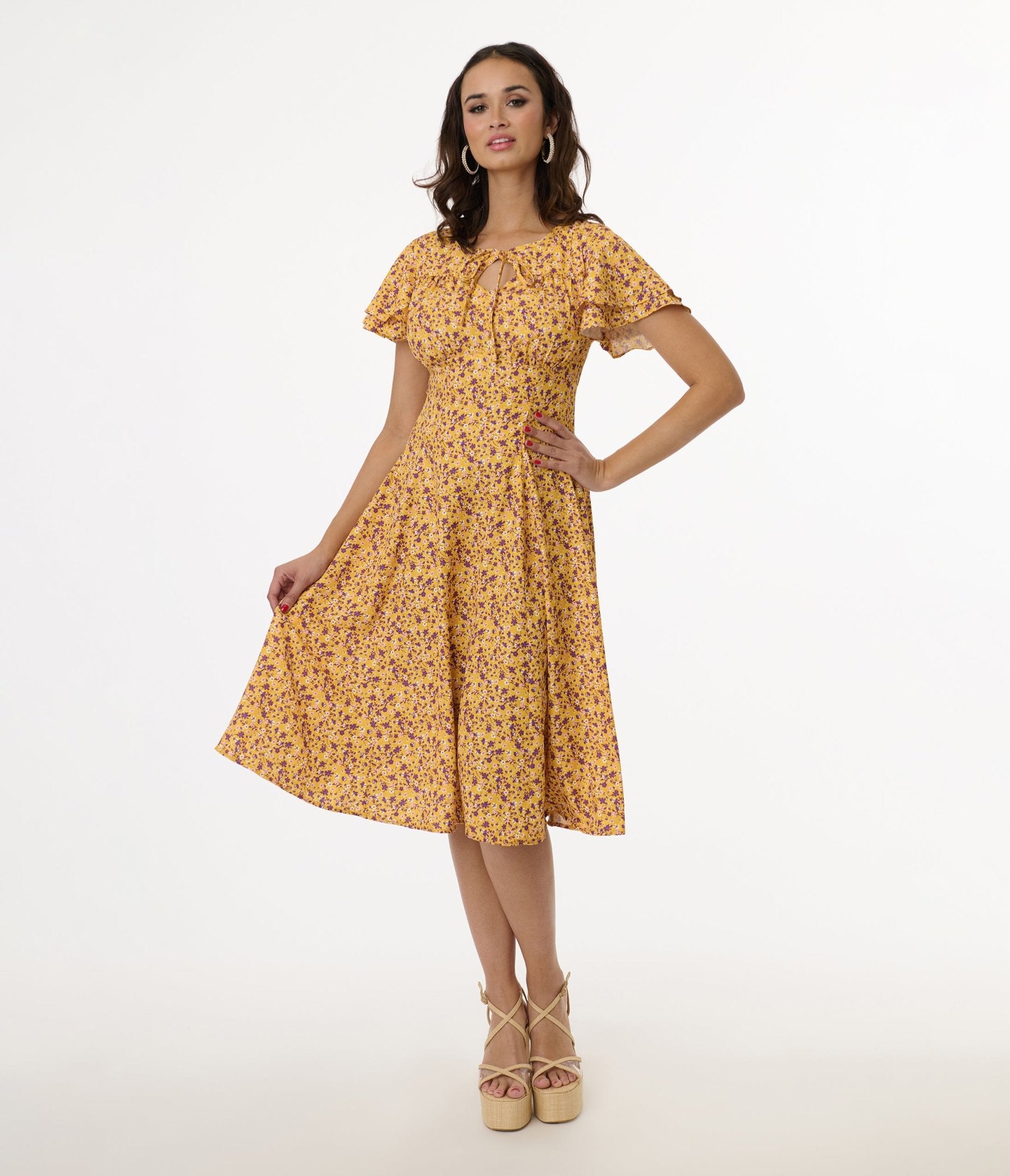 1950s Yellow & Purple Floral Capelet Swing Dress