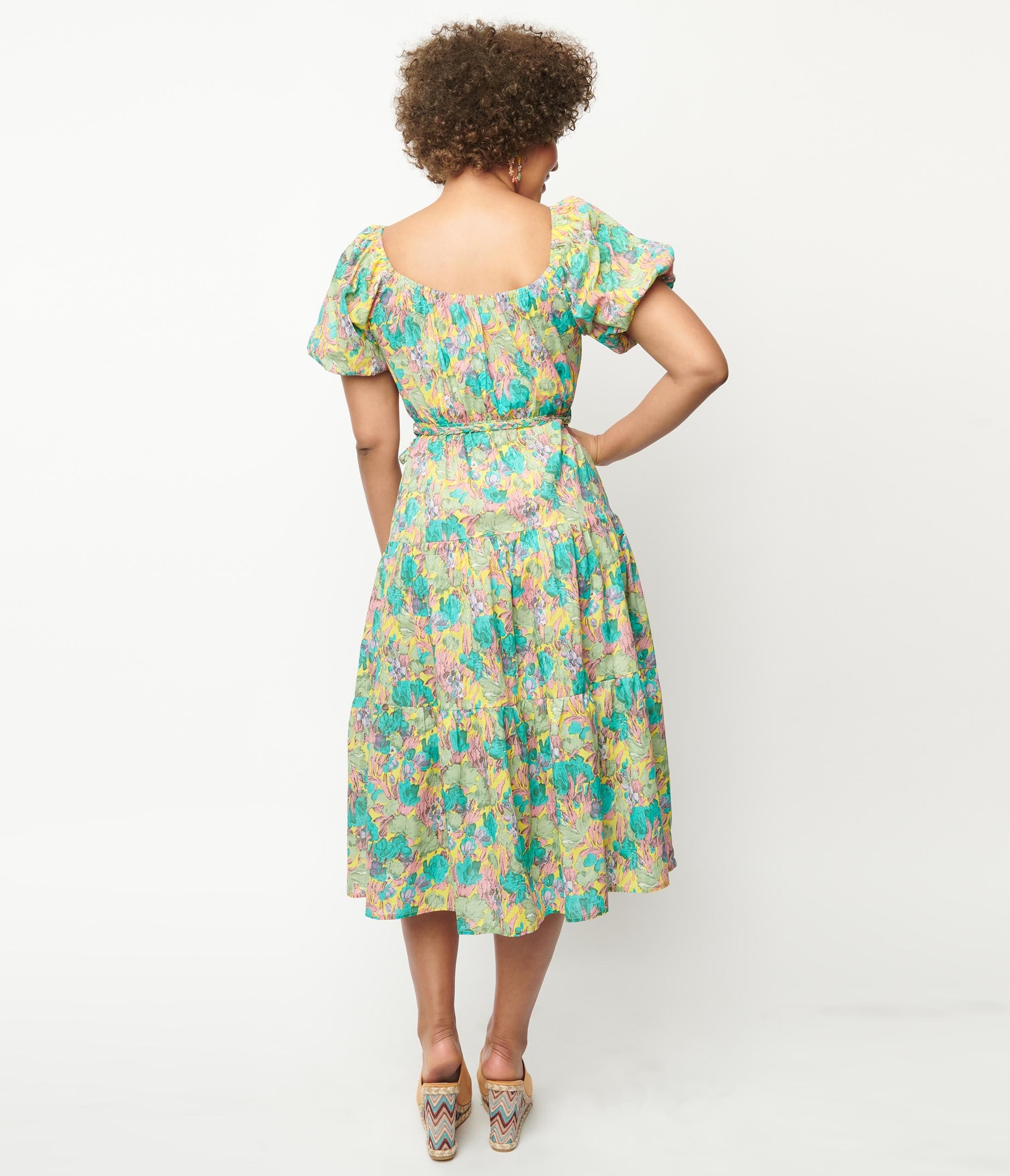 Yellow & Green Floral Tiered Midi Dress