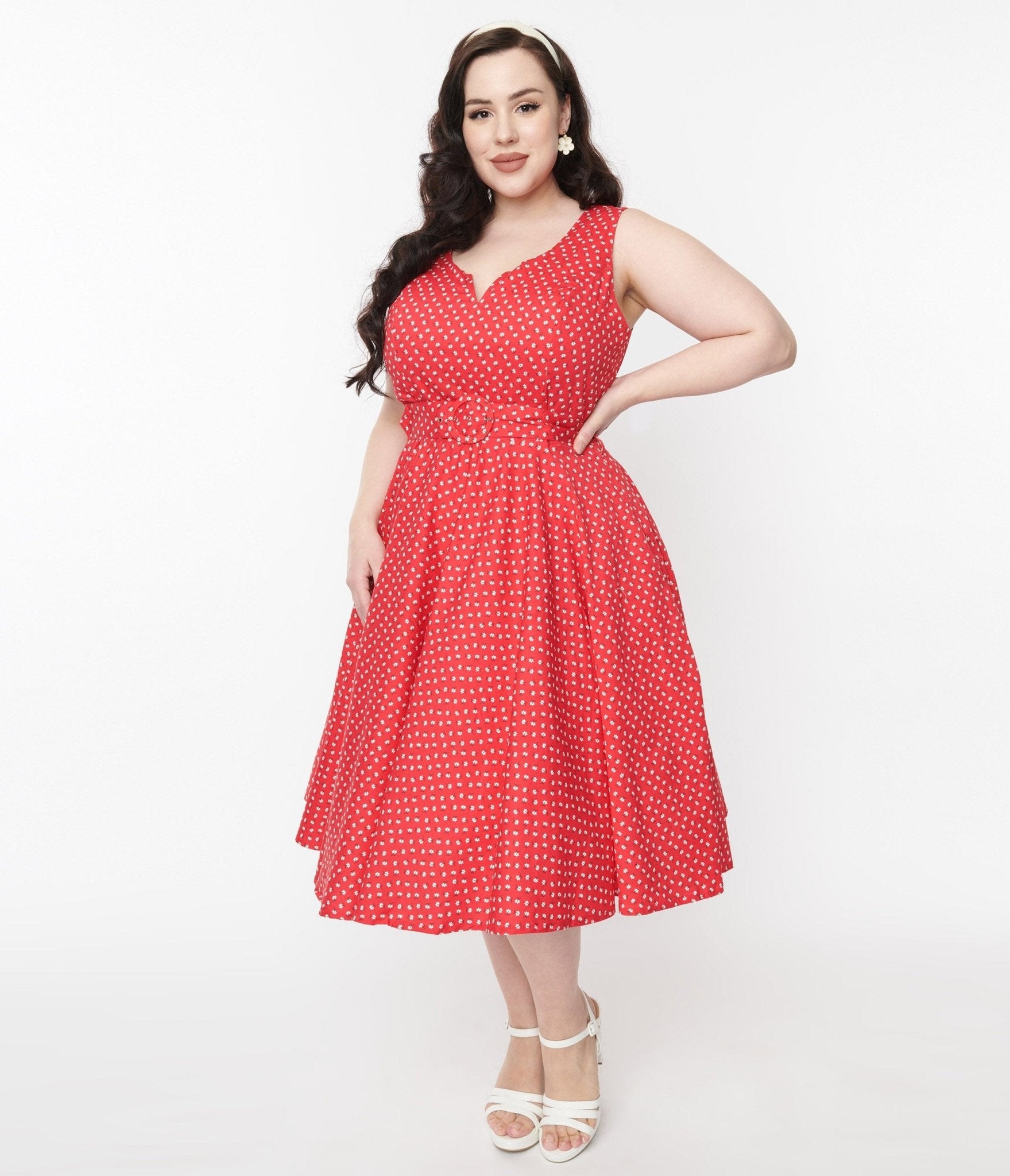 Red & White Floral Dot Belted Swing Dress