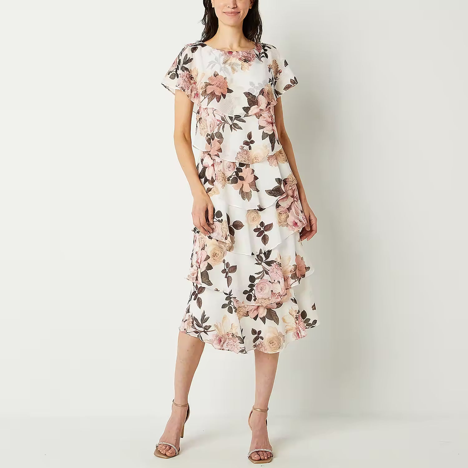 S. L. Fashions Women's Short Sleeve Floral Midi A-Line Dress - Ivory Pink Multi 12