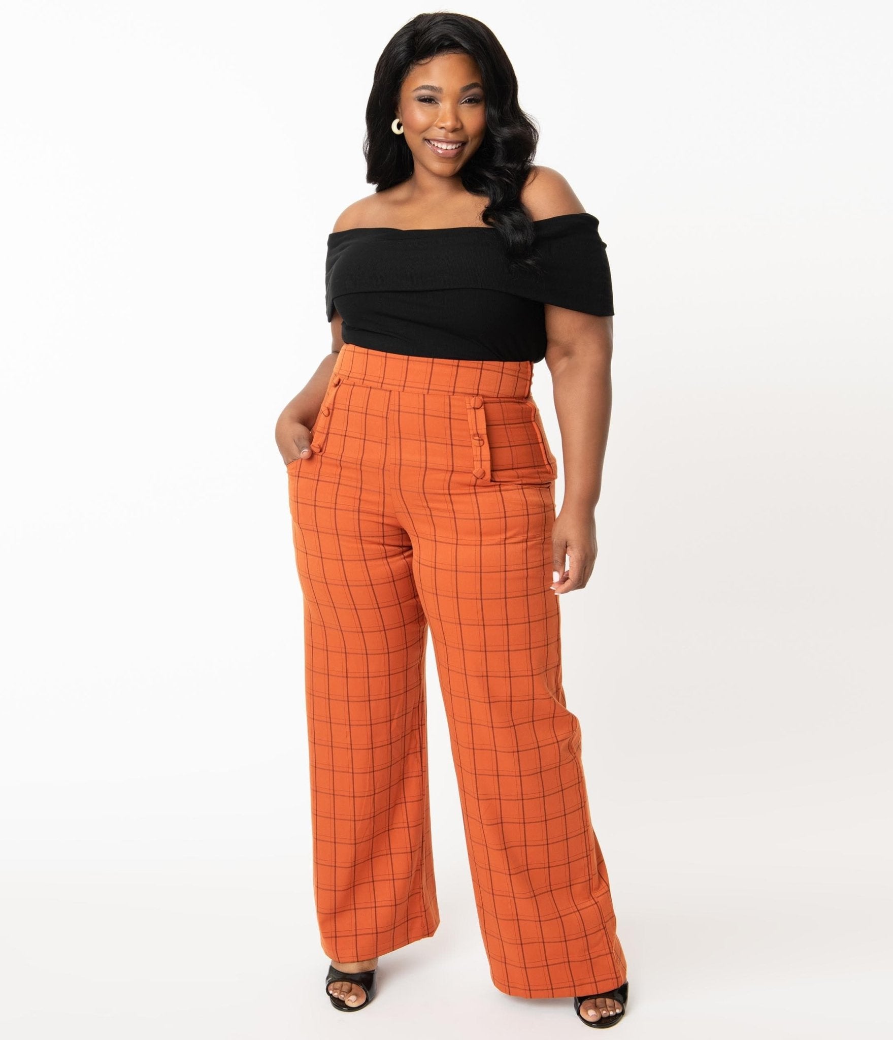 Unique Vintage Plus Size 1940s Orange Windowpane High Waist Ginger Pants