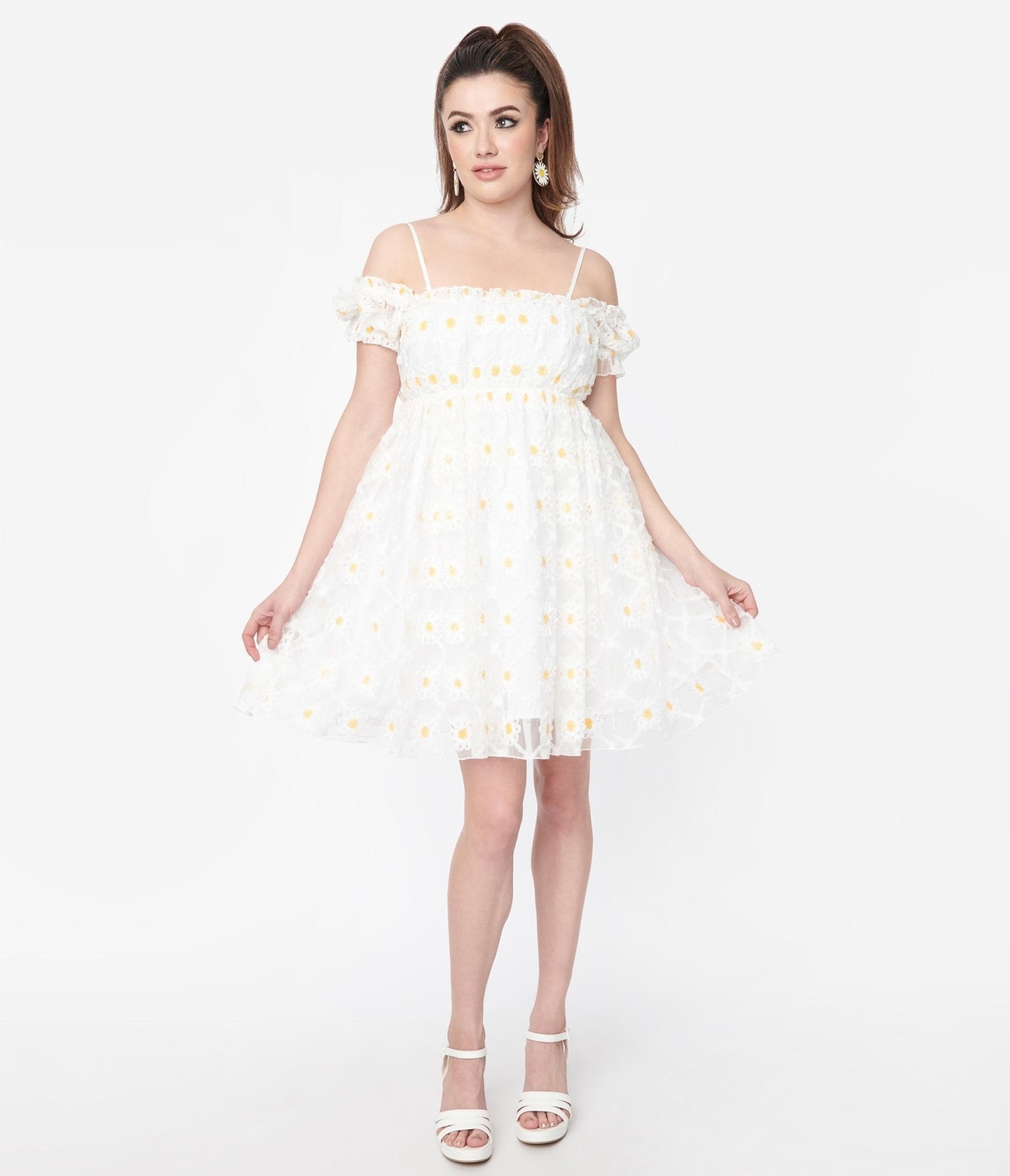 Smak Parlour White Daisy Off the Shoulder Babydoll Dress