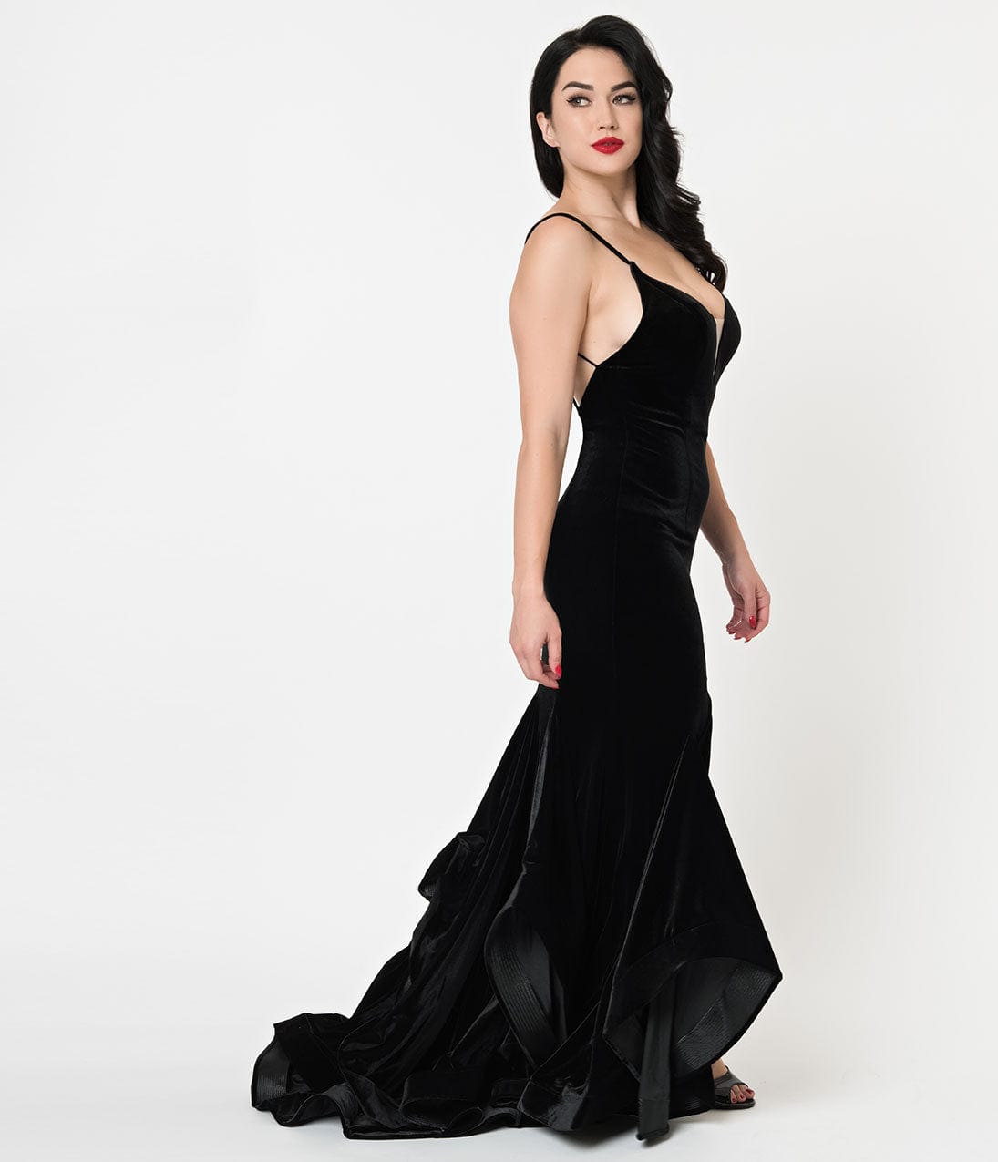 Black Velvet Ruffled Mermaid Sexy Long Dress