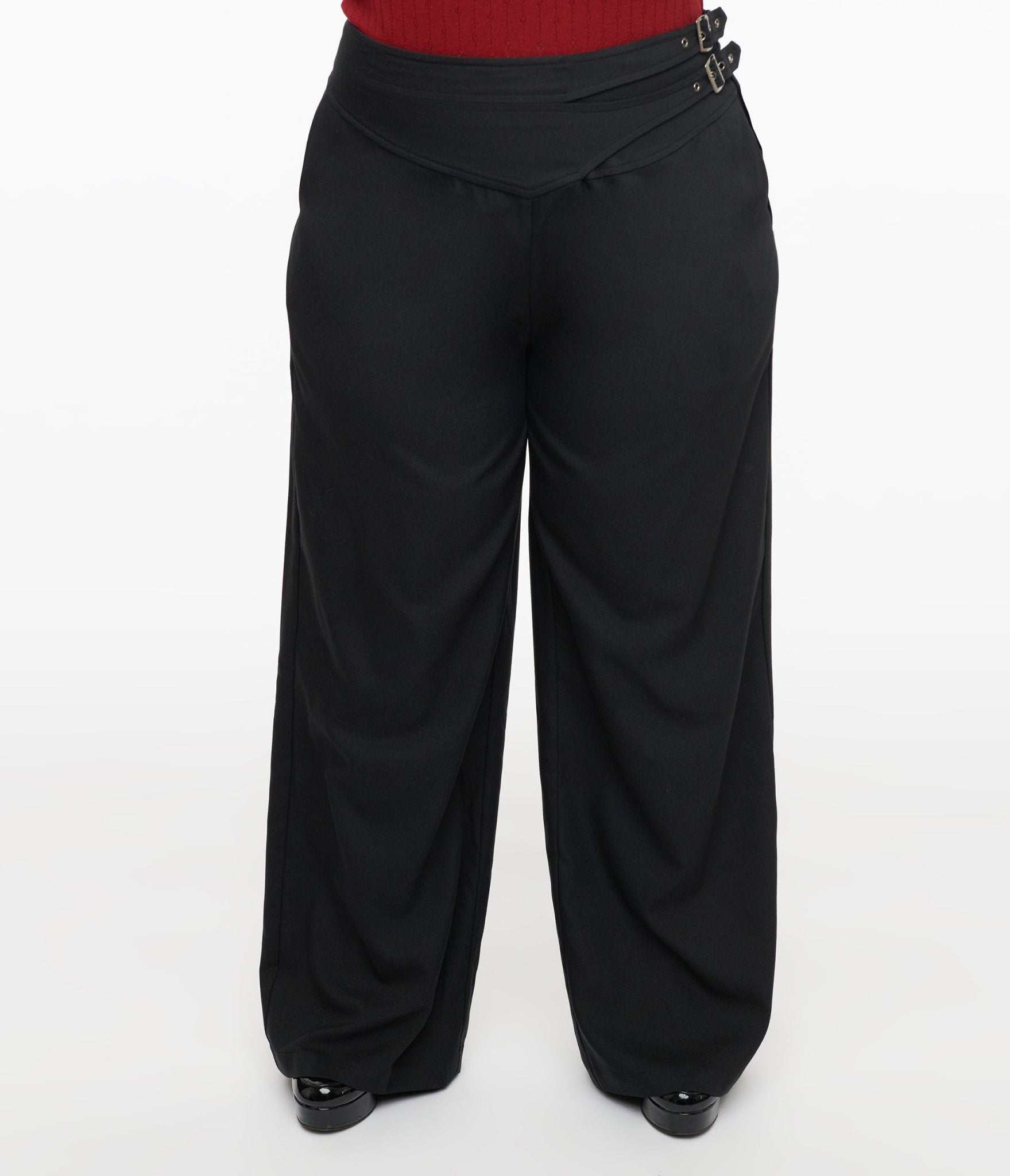 Unique Vintage Plus Size Black Double Belt Woven Pants