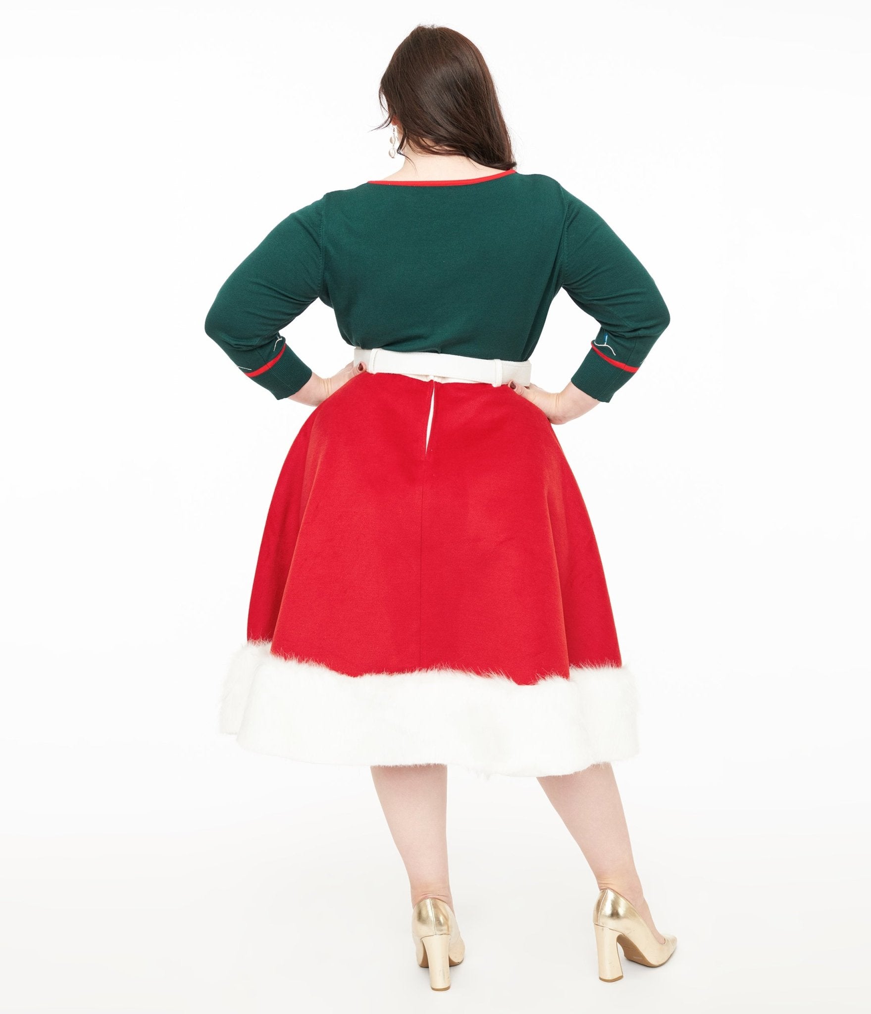 Unique Vintage Plus Size 1950s Red Felt & White Fur Snowflake Soda Shop Swing Skirt