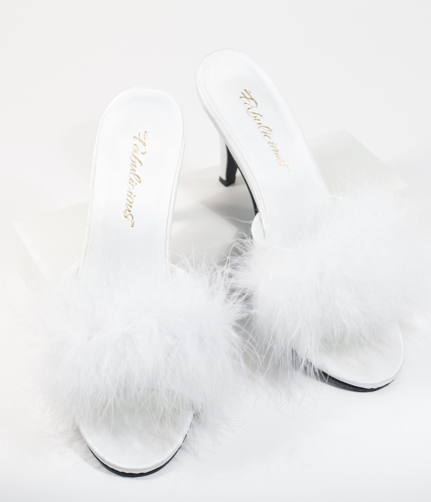 White Marabou Feather Peep Toe Slipper Heel