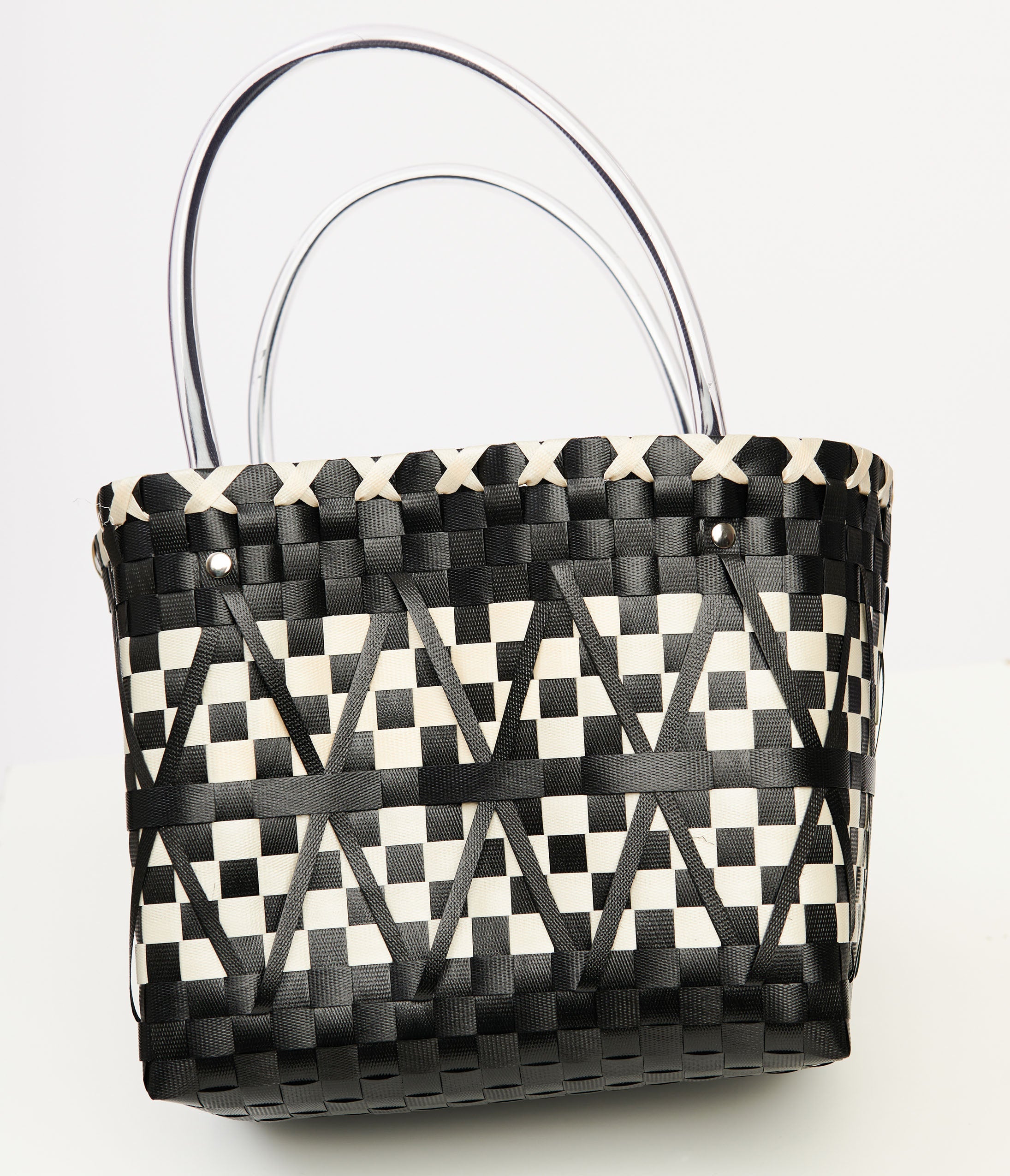 1970s Black & White Woven Chevron Basket Bag