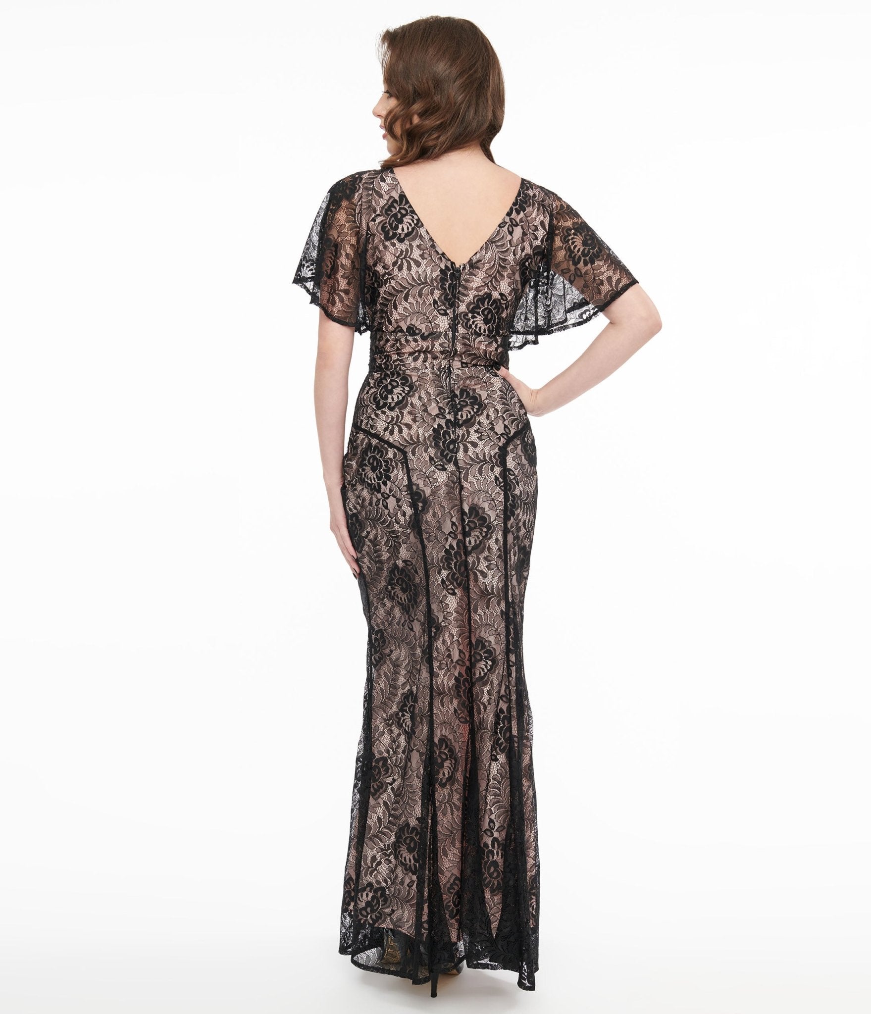 Unique Vintage 1930s Black Lace & Peach Lining Flutter Sleeve Gown