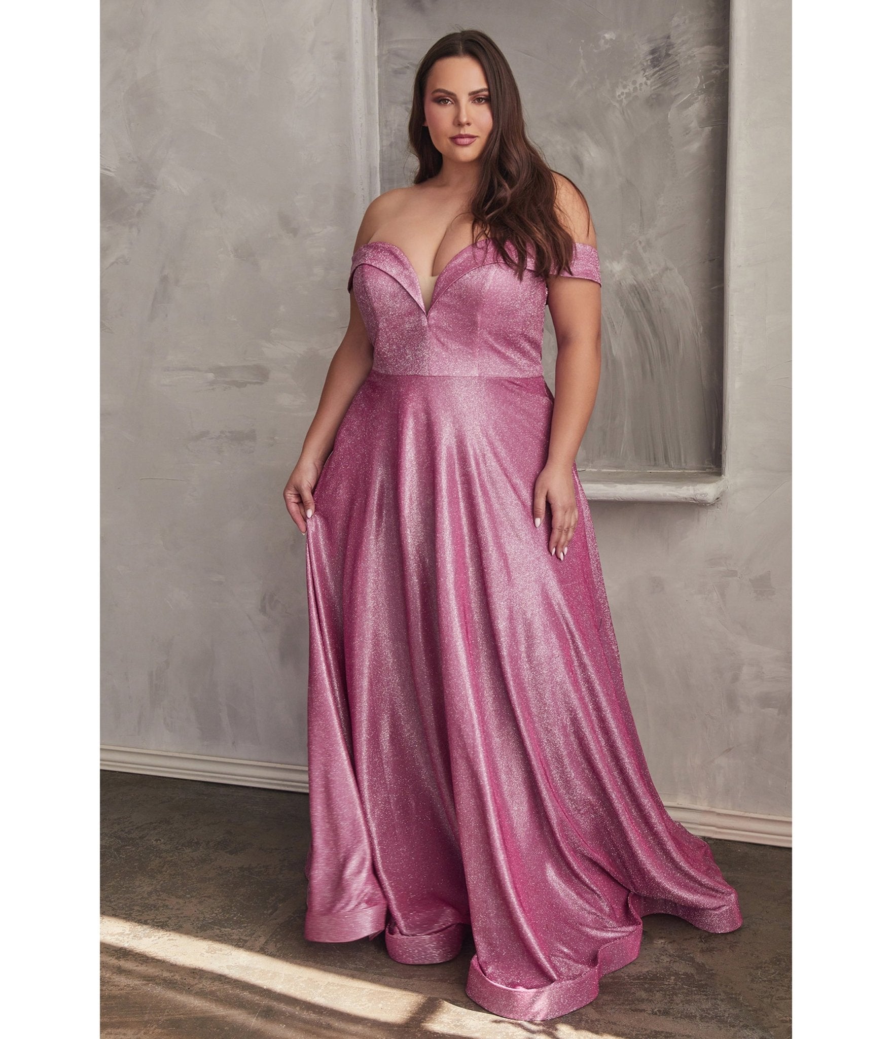 Ladivine by Cinderella Divine Plus Size Metallic Rose Off The Shoulder Bridesmaid Gown