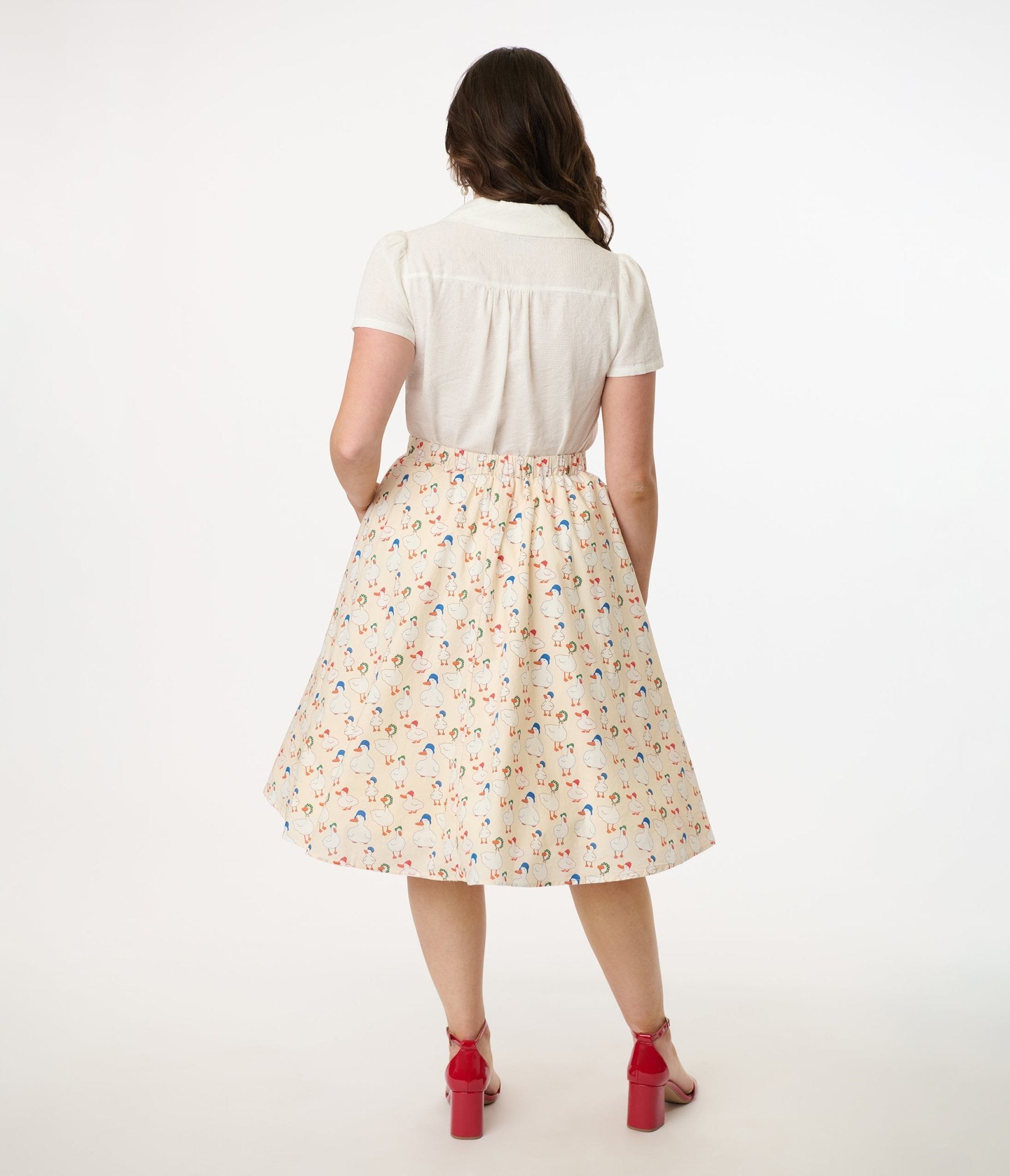 1950s Cream & Duck Print Cotton Swing Skirt